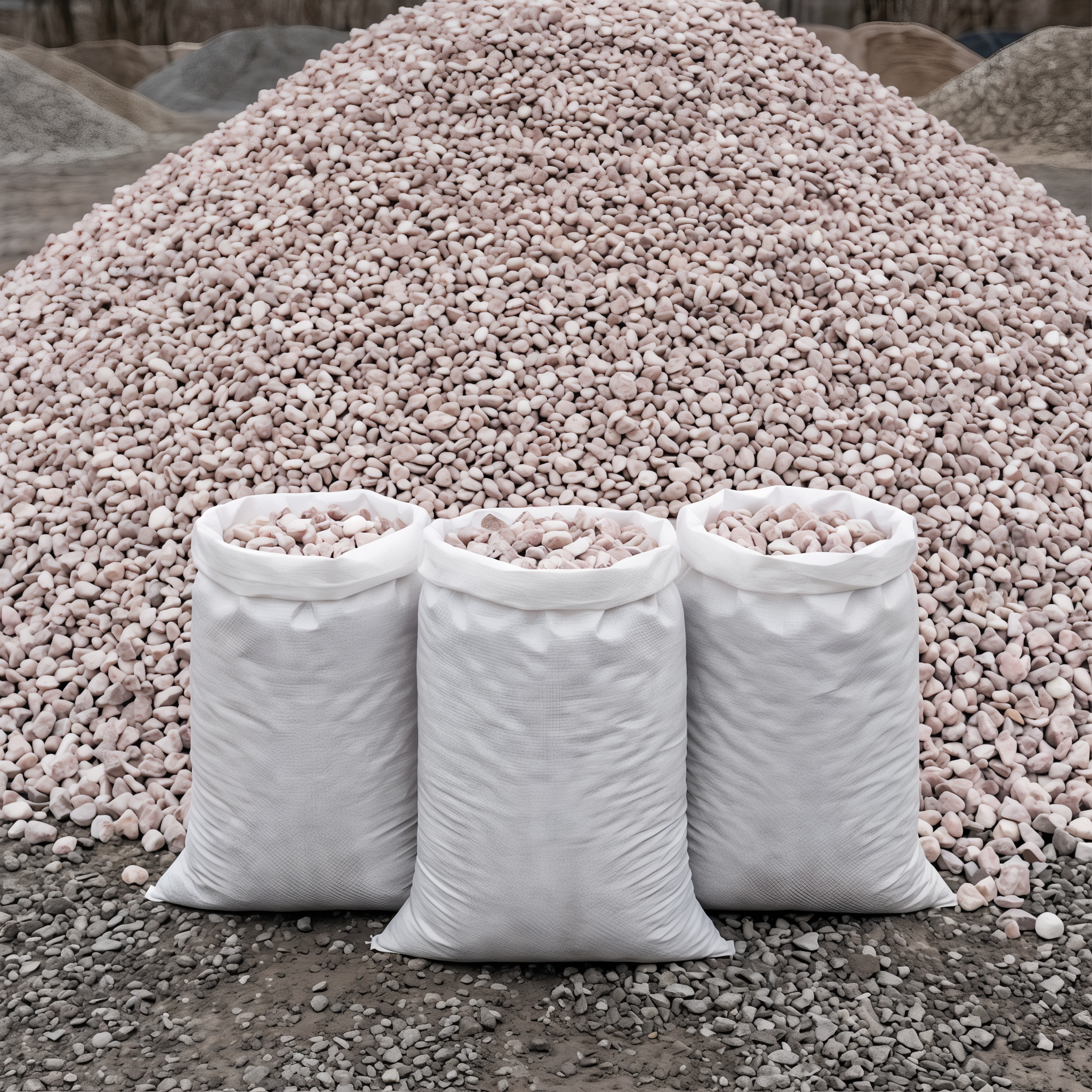 Carnation Pink Stone in 50 lb bags in front of a stone pile, 3/4 inch size #3/4"#50 LB Bag