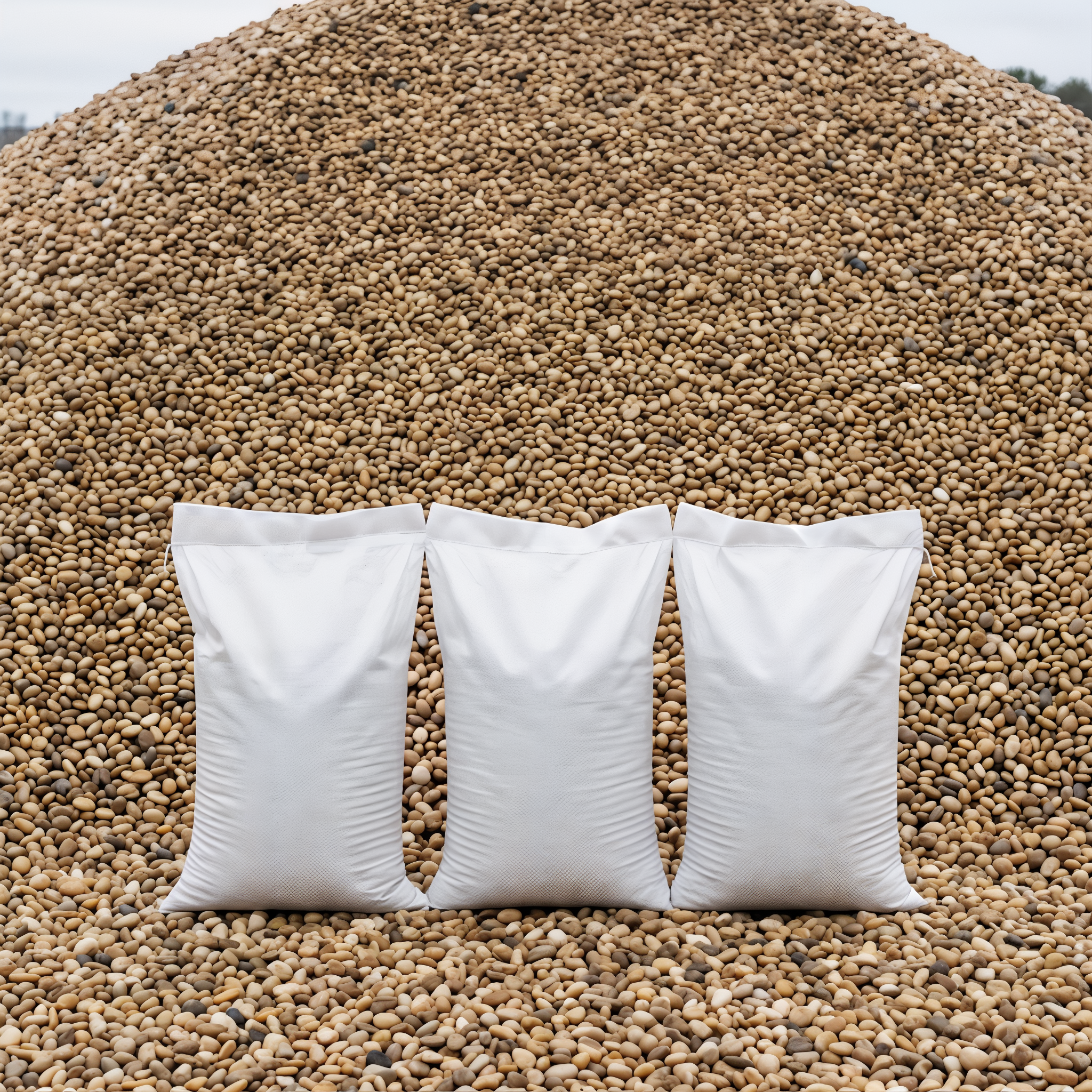 Multi Color Pea Gravel in 50 lb bags in front of a stone pile, 3/8 inch size