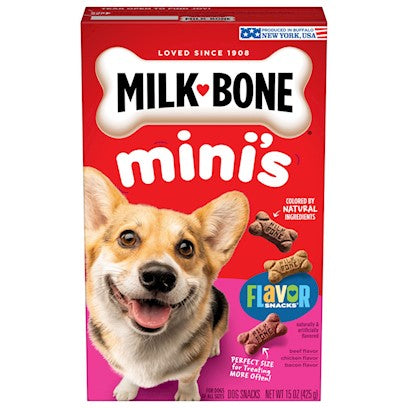Milk-Bone Original Mini dog treats, beef, chicken, and bacon flavor, 15 oz box. #15 oz