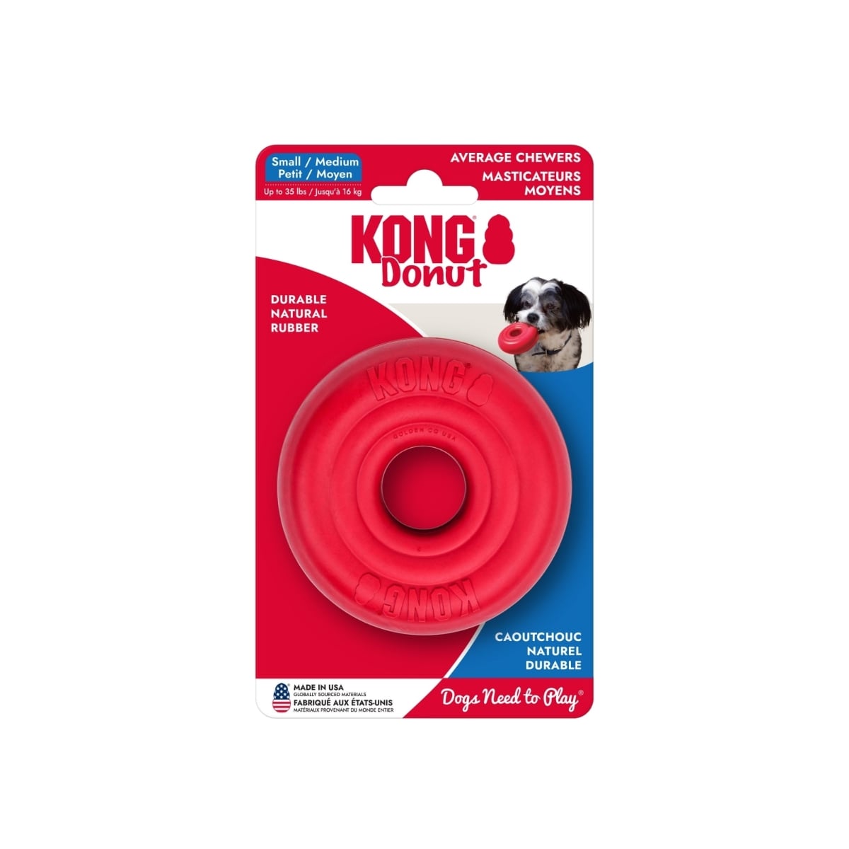 Red Donut Dog Chew Toy, available in small and medium sizes