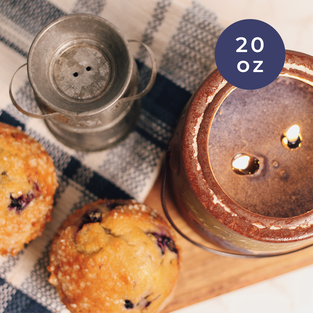 A Cheerful Giver Blueberry Muffins Farm Fresh Candle -- styled scene infographic