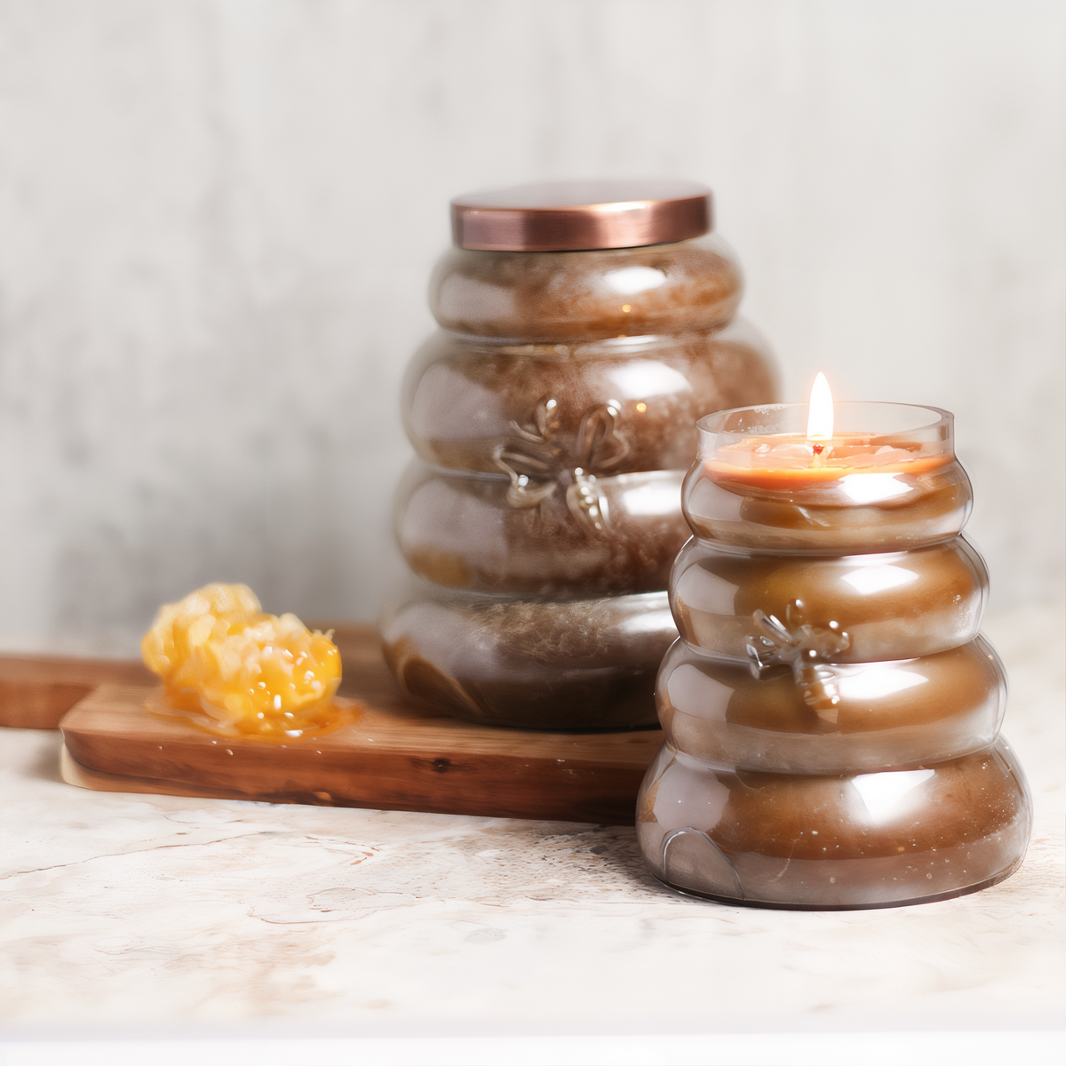 A Cheerful Giver Honey Praline Large Beehive Candle -- styled scene both sizes