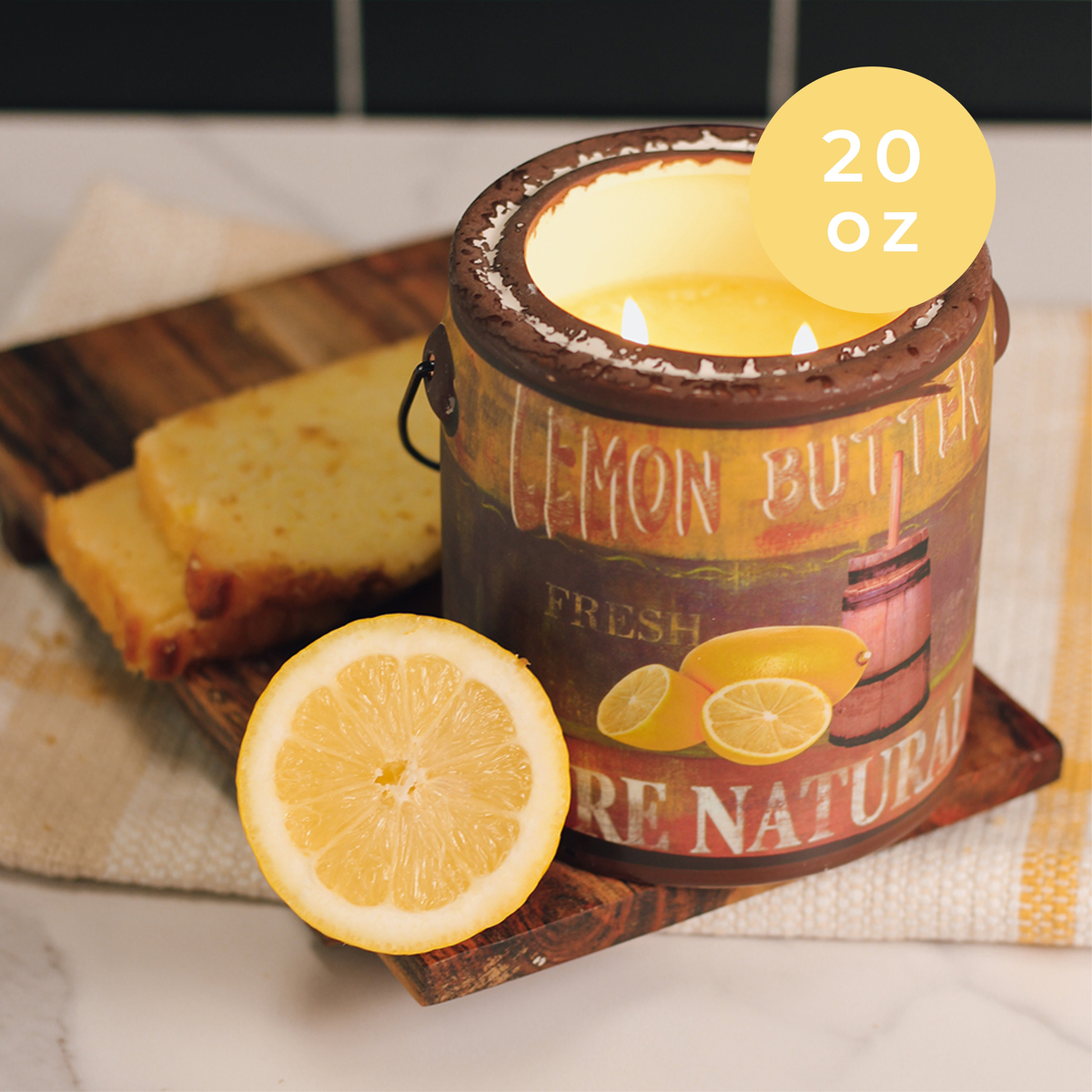 A Cheerful Giver Lemon Butter Farm Fresh Candle -- styled scene infographic