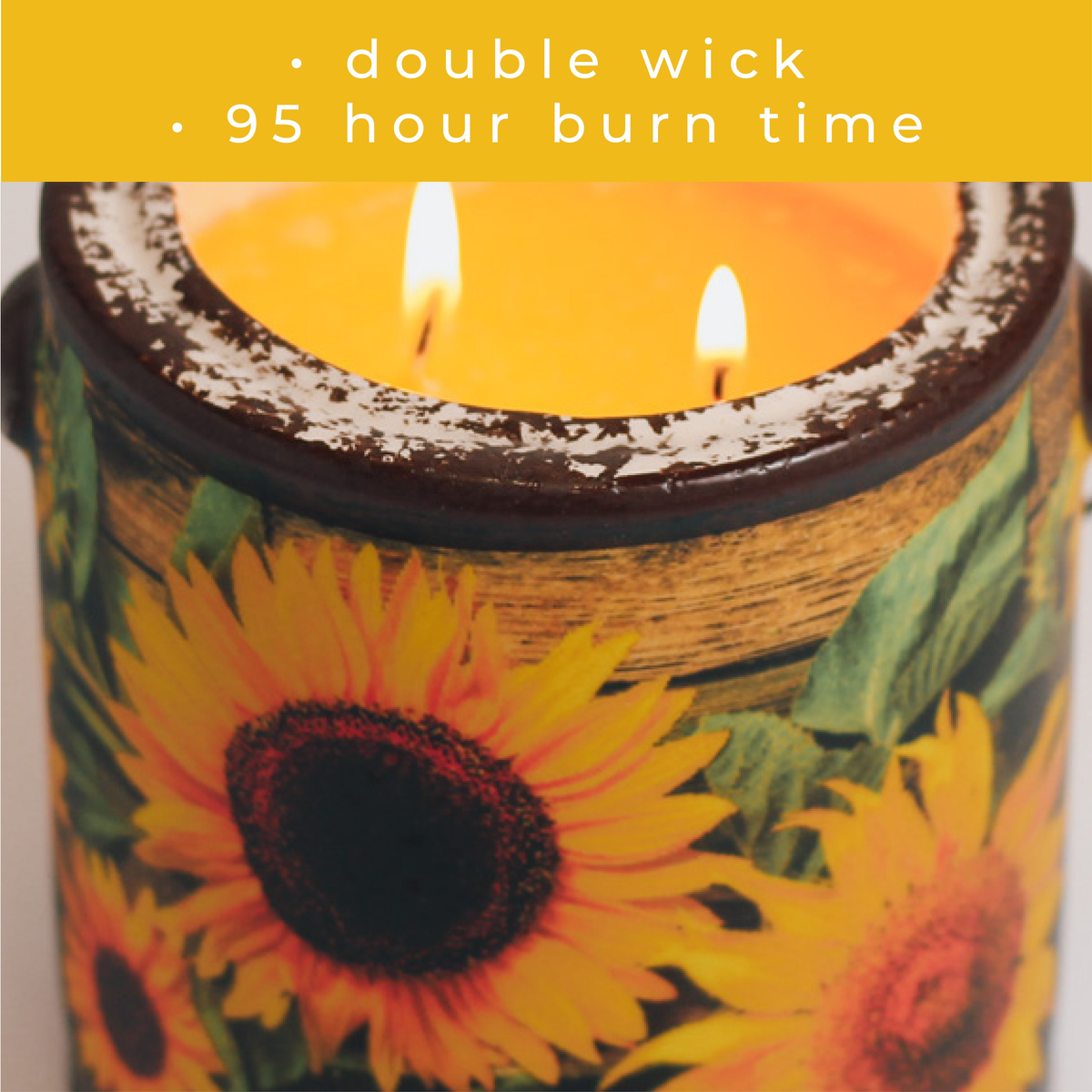 A Cheerful Giver Sunflower & Driftwood Farm Fresh Candle -- burn time infographic