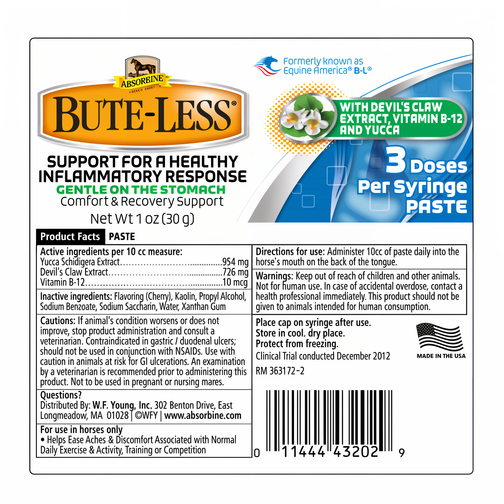 Absorbine Bute-Less comfort and recovery paste, product facts label
