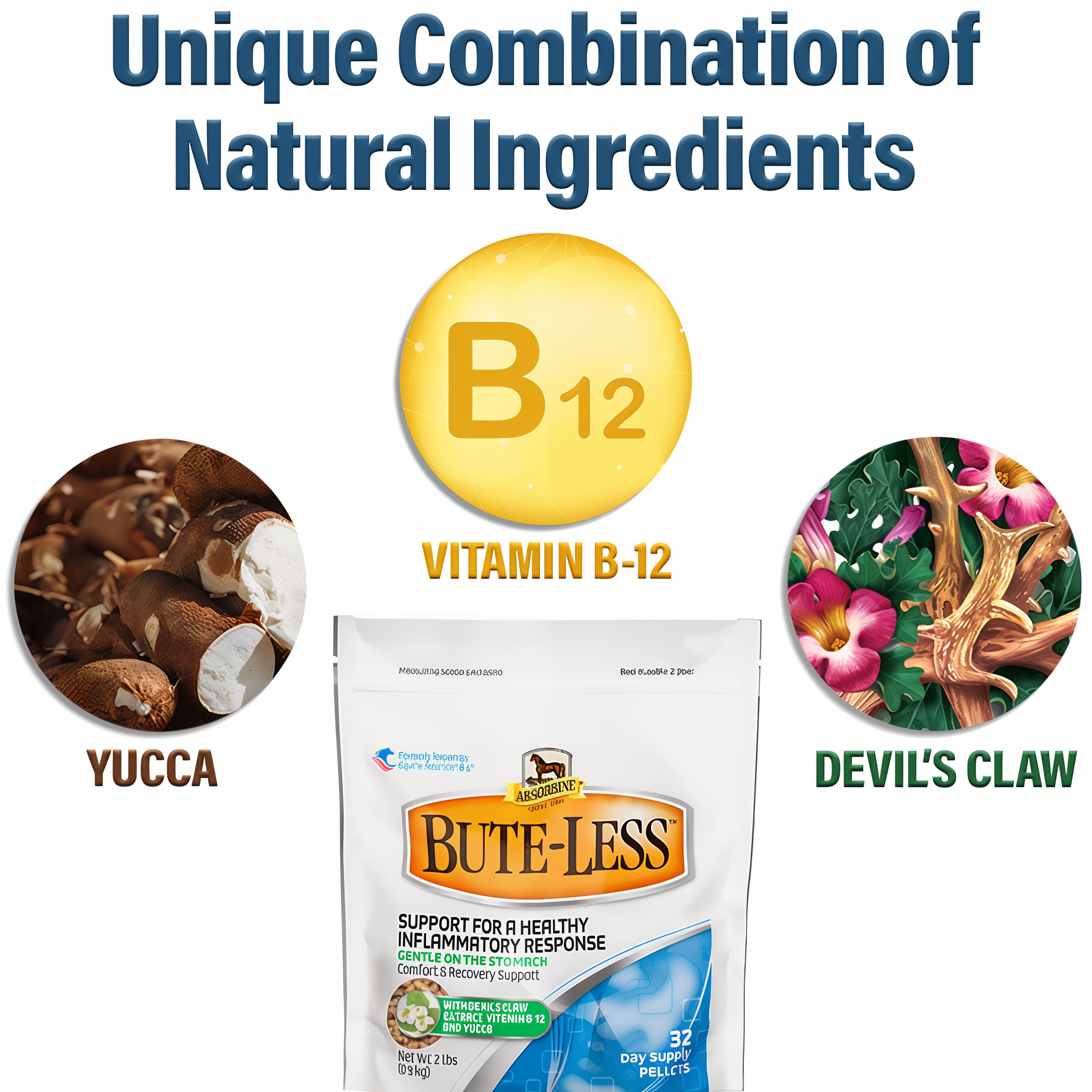 Absorbine Bute-Less comfort and recovery pellets, yucca, vitamin B-12 and devil's claw ingredients