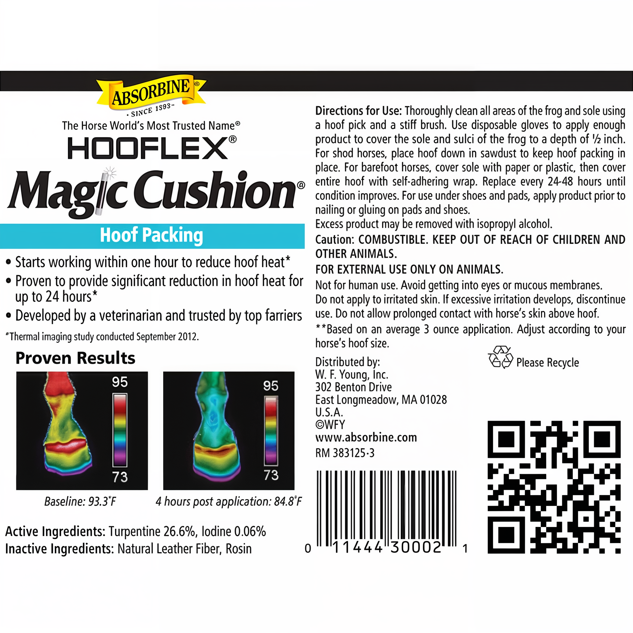 Absorbine Hooflex Magic Cushion hoof packing, label with directions and thermal imaging results