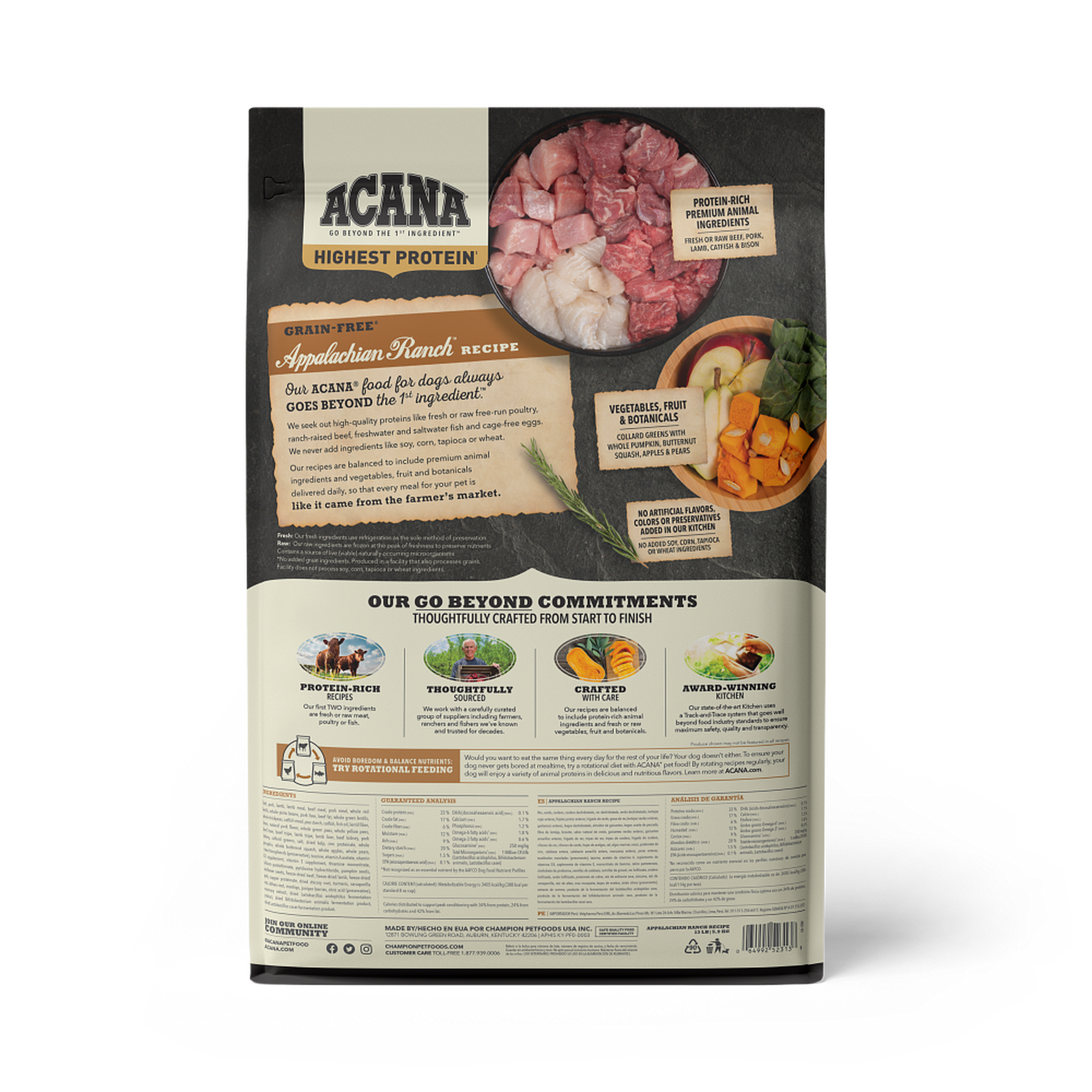 Acana Appalachian Ranch dry dog food back of bag showing ingredients, guaranteed analysis, and feeding guide