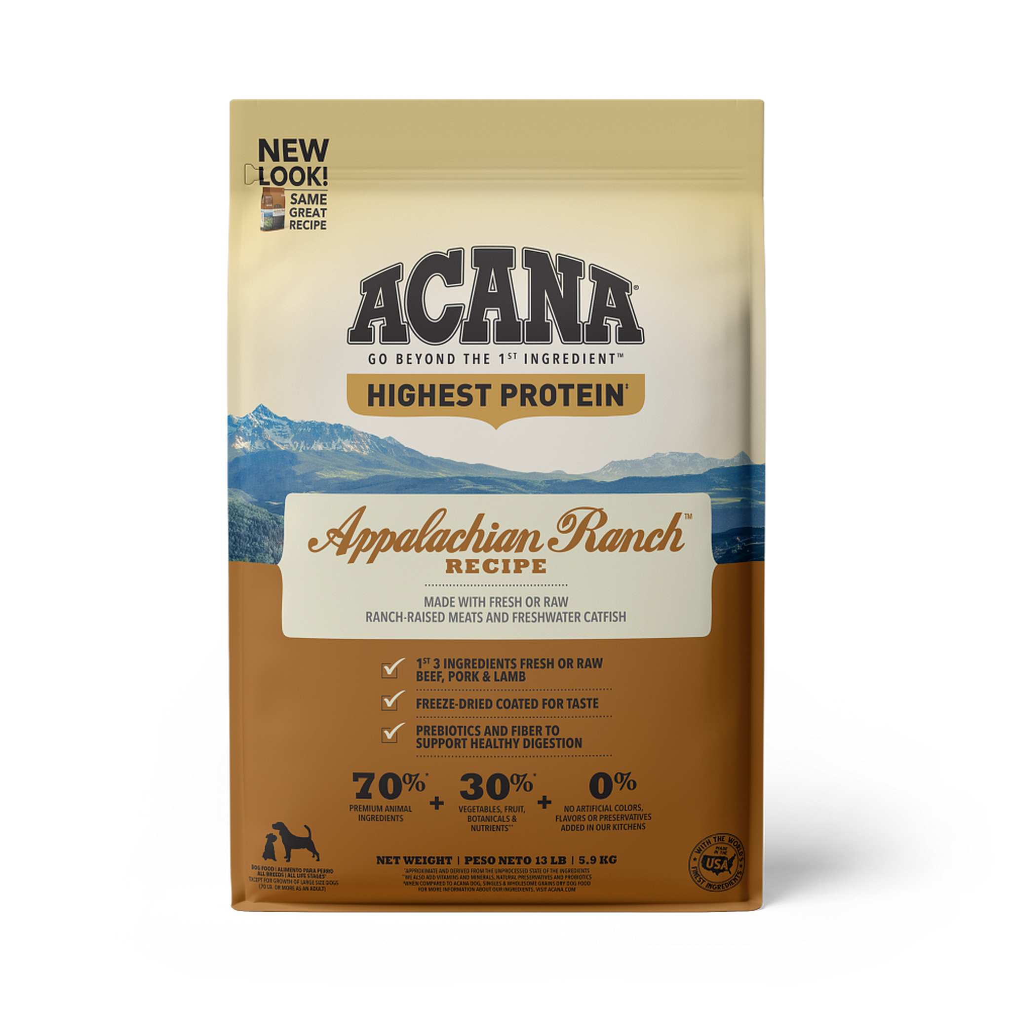 Acana Appalachian Ranch Recipe dry dog food front of bag, Highest Protein grain-free formula with 70% animal ingredients