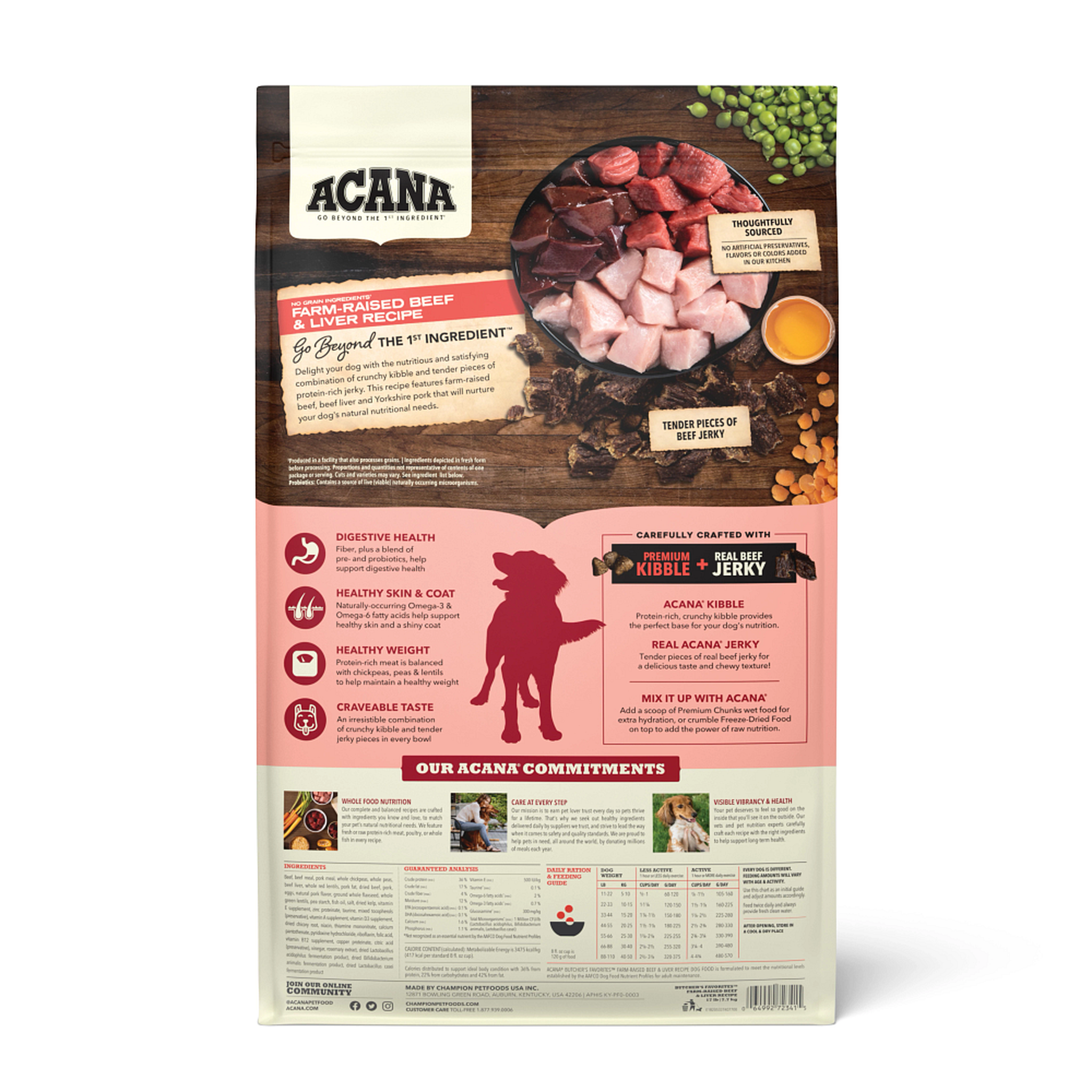 Acana Butcher's Favorites Farm-Raised Beef and Liver back of bag with benefits, ingredients and guaranteed analysis