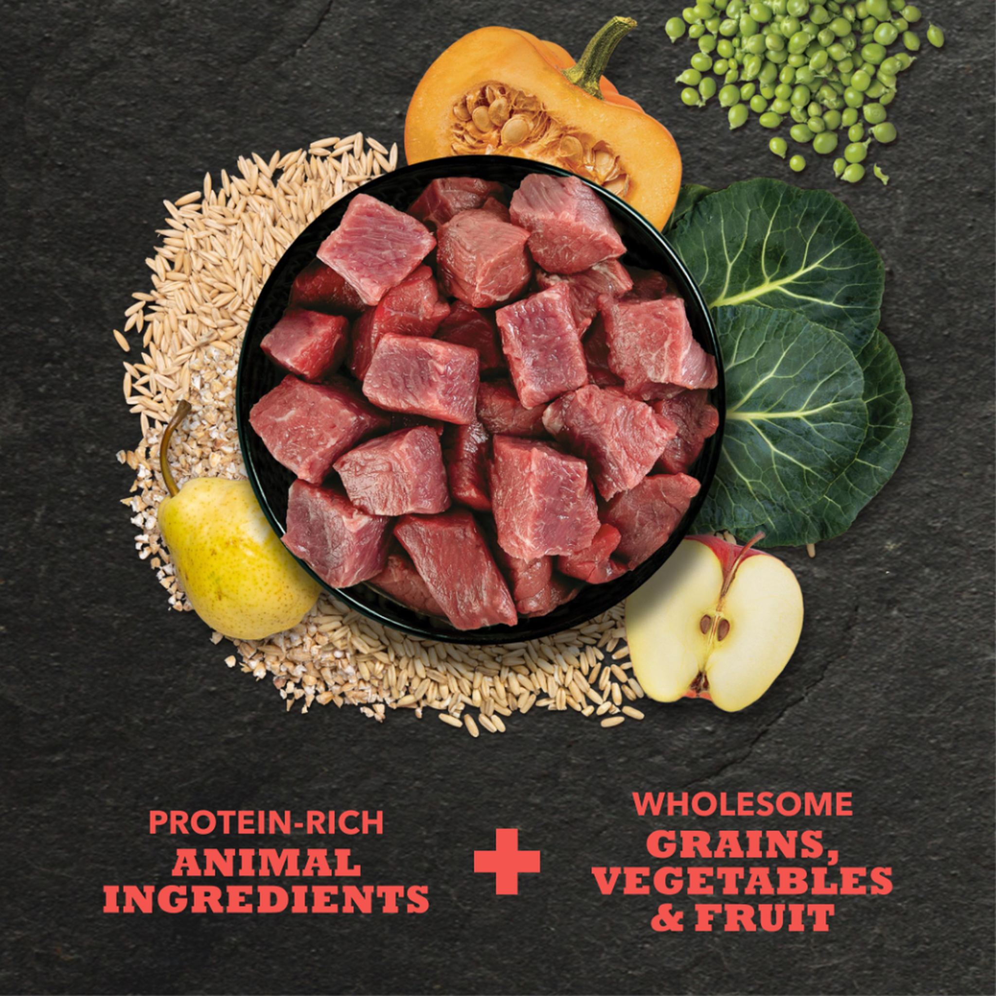 Bowl of diced raw beef surrounded by barley and oats, butternut squash, peas, collard greens, pear and apple, labeled protein-rich animal ingredients plus wholesome grains, vegetables and fruit