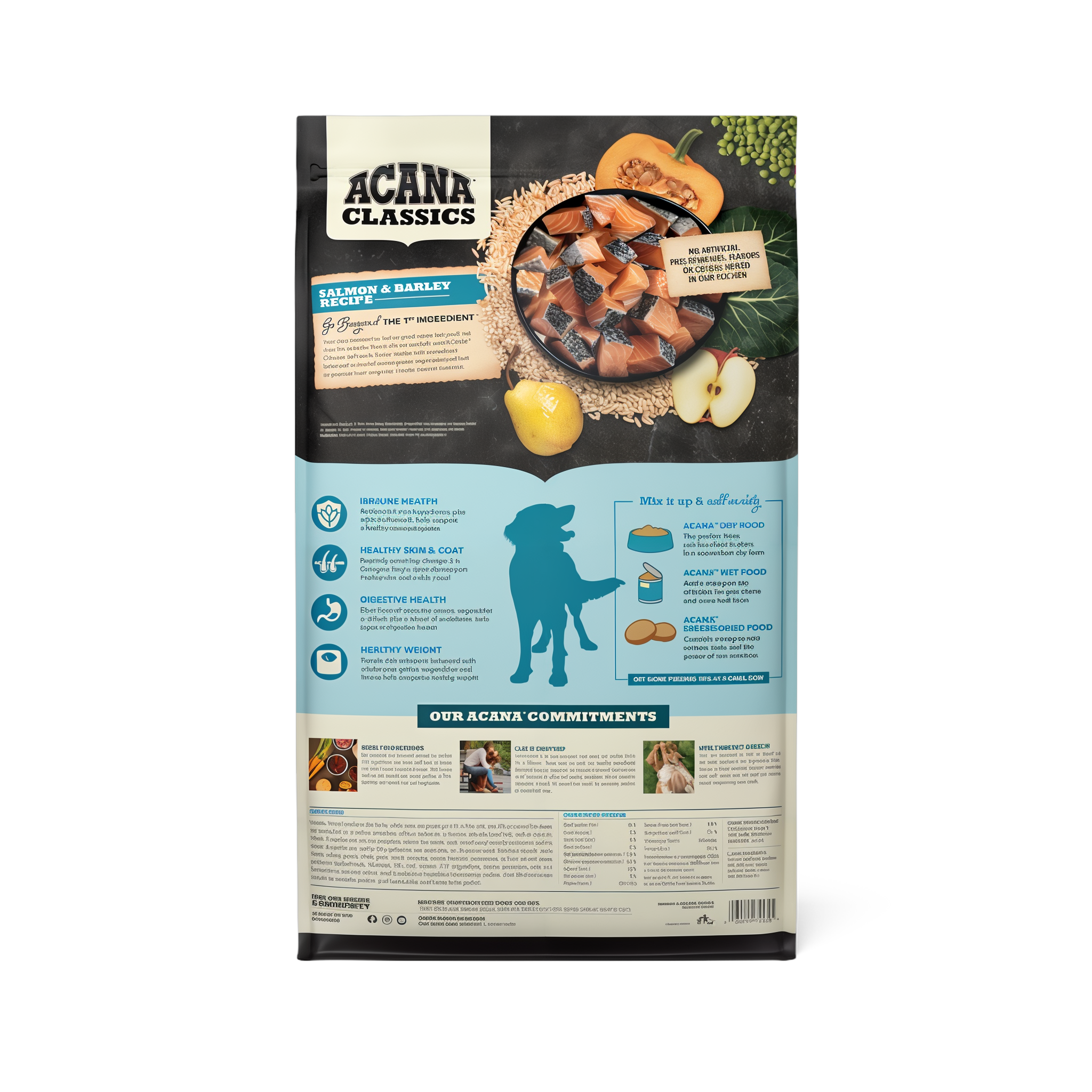 Acana Classics Salmon & Barley Recipe back of bag with ingredients, guaranteed analysis and four health benefits