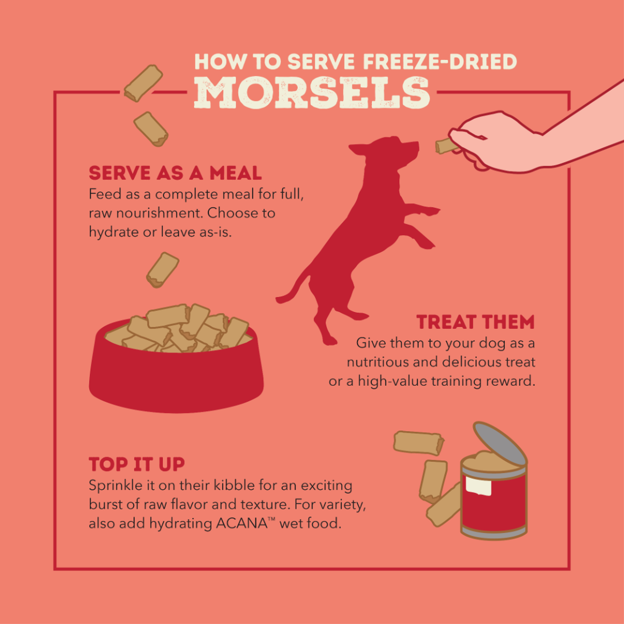 How to serve ACANA Freeze-Dried Morsels as a complete meal, kibble topper, or treat