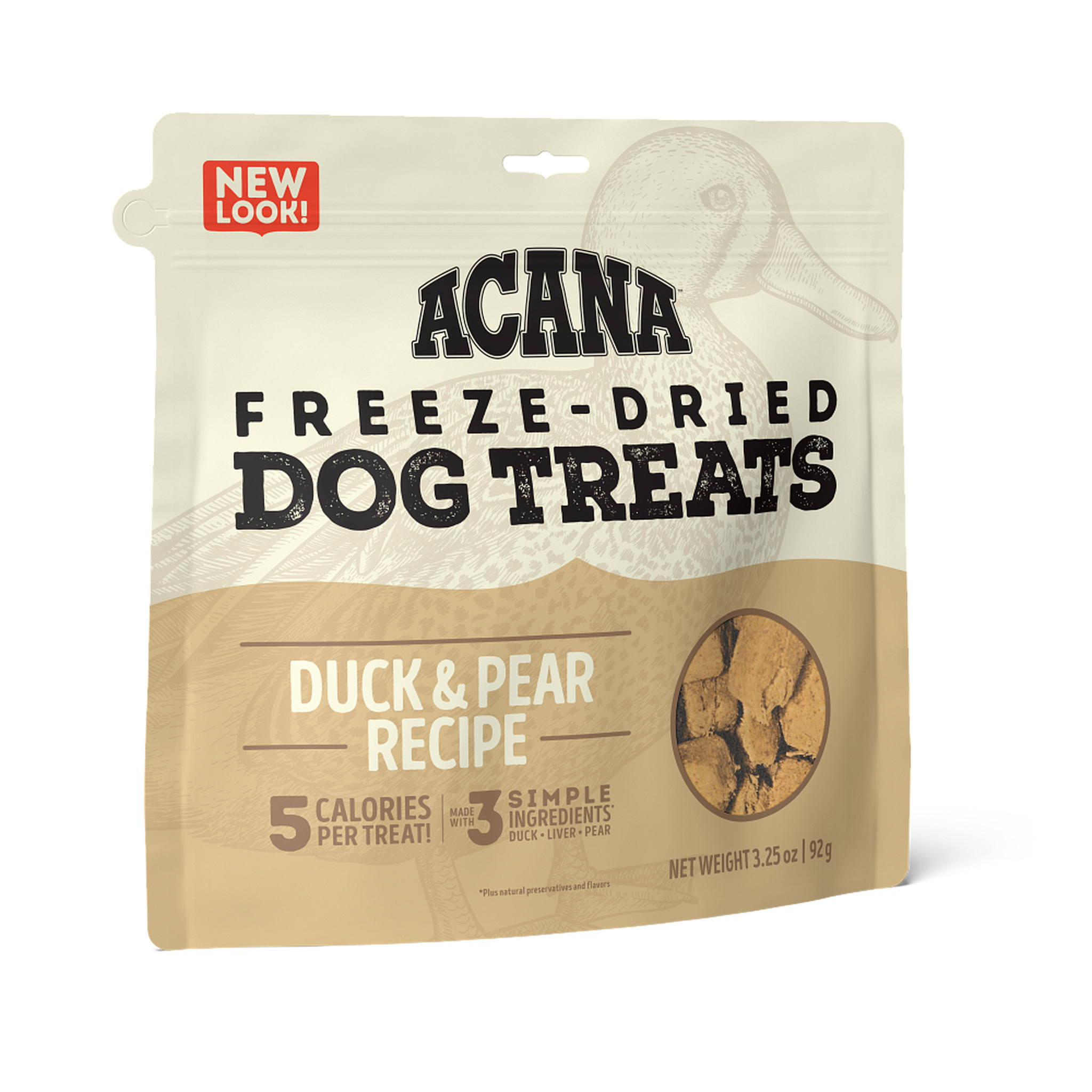 ACANA Free-Run Duck Freeze-Dried Dog Treats front of bag, Duck and Pear Recipe, 5 calories per treat, made with 3 simple ingredients, 3.25 oz