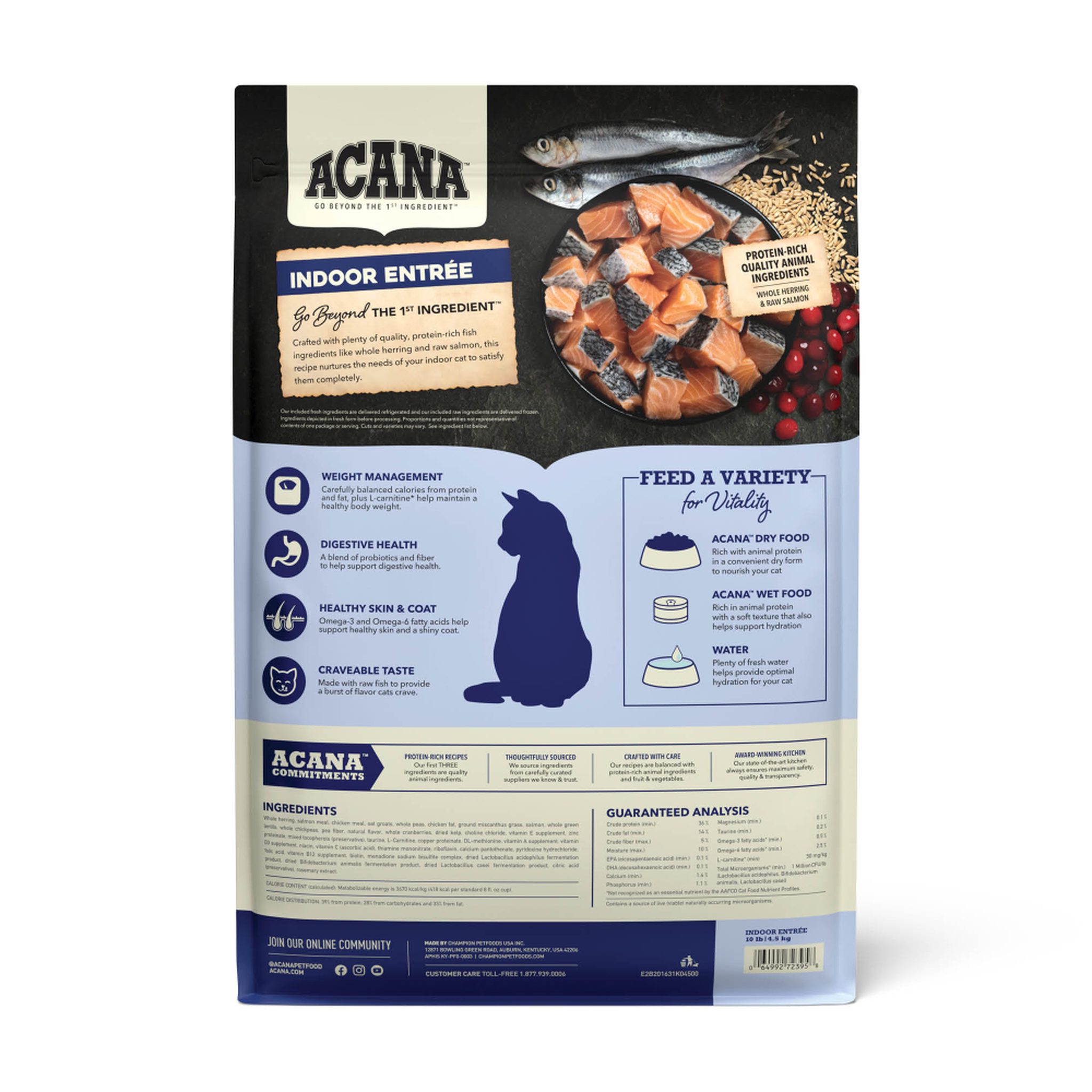 Back of the ACANA Indoor Entrée dry cat food bag showing raw salmon, whole herring, oat groats and cranberries with weight management, digestive health, healthy skin and coat and craveable taste benefits plus the ingredients, guaranteed analysis, and calorie content