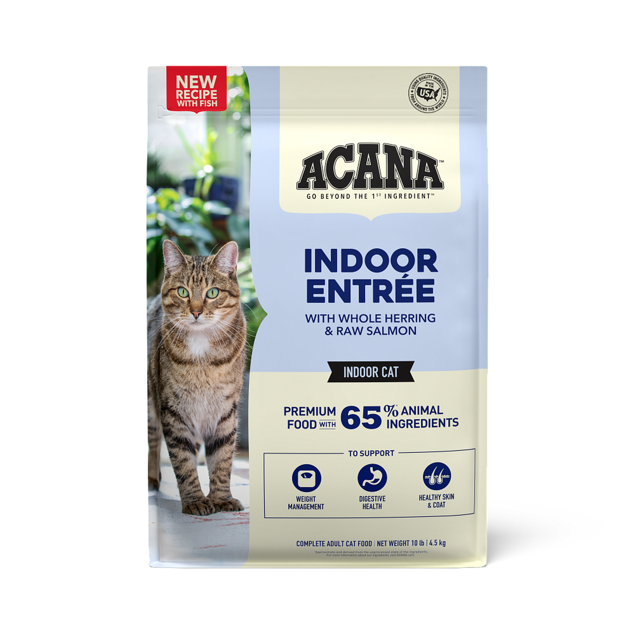 ACANA Indoor Entrée dry cat food, front of the 10 lb bag with a brown tabby cat and callouts for whole herring and raw salmon, premium food with 65 percent animal ingredients, and support for weight management, digestive health, and healthy skin and coat