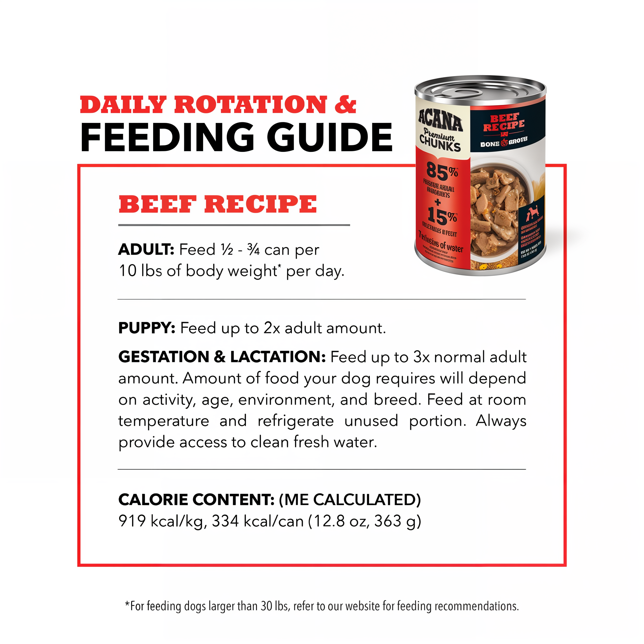 ACANA Premium Chunks Beef Recipe daily feeding guide with adult, puppy, and gestation amounts and calorie content of 334 kcal per can