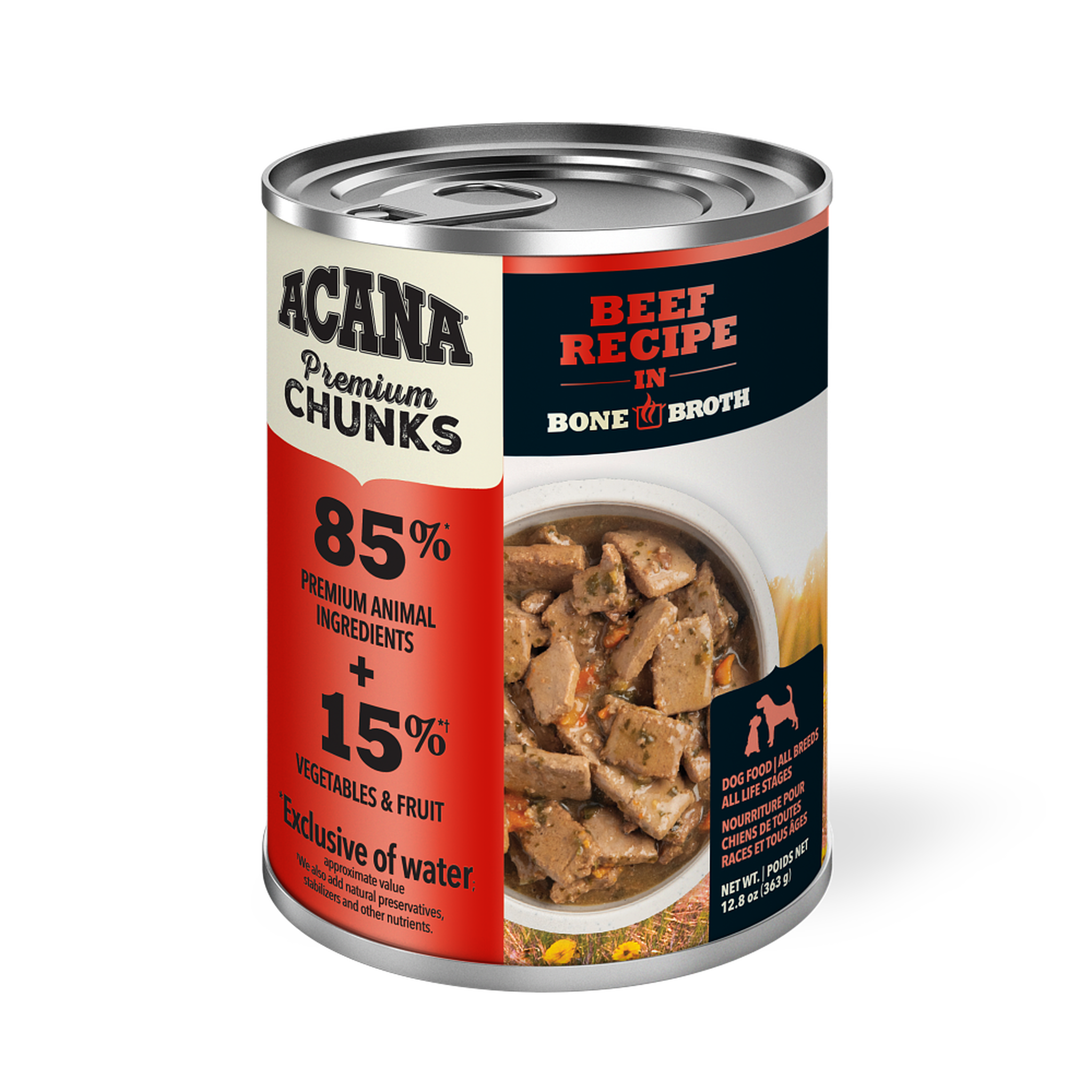 ACANA Premium Chunks Beef Recipe in Bone Broth wet dog food, front of the 12.8 oz can with 85 percent premium animal ingredients and bone broth callouts