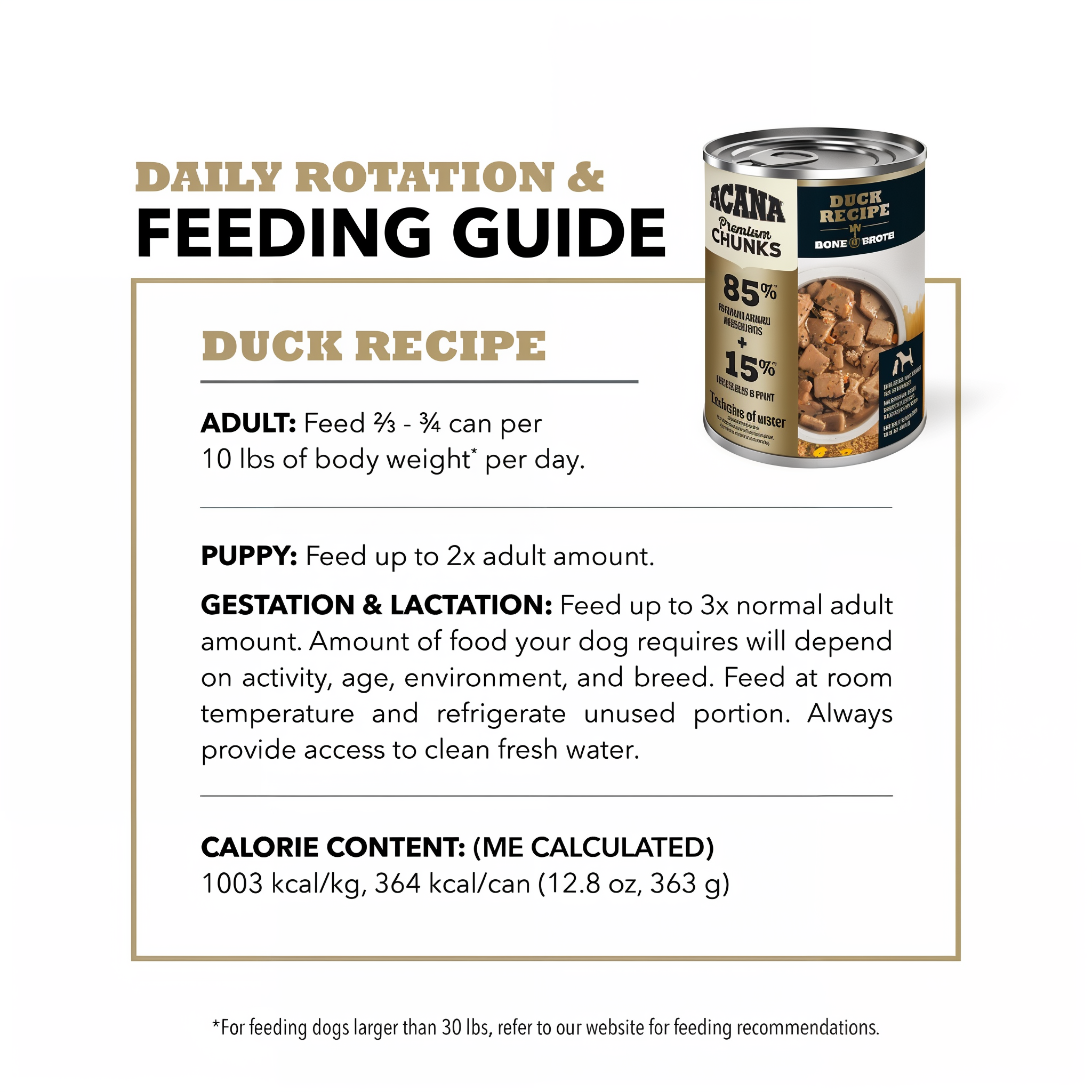 ACANA Premium Chunks Duck Recipe daily rotation and feeding guide: adult feed two-thirds to three-quarters can per 10 lbs of body weight per day, 1,003 kcal per kg