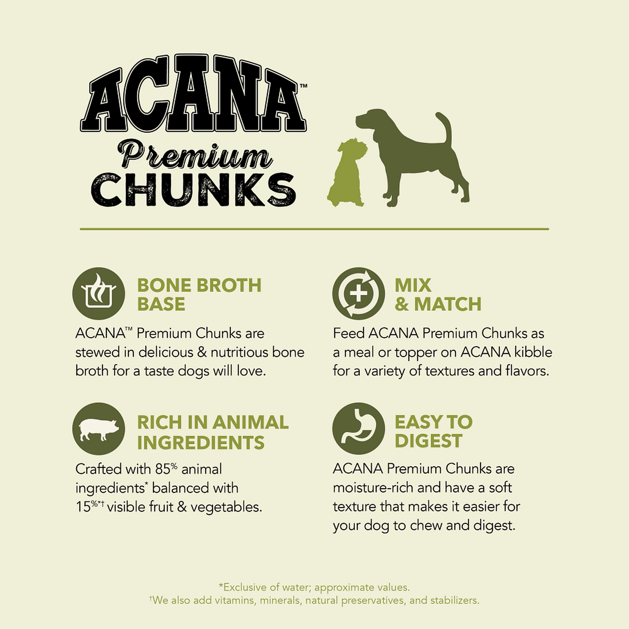 Acana Premium Chunks benefits: bone broth base, mix and match with kibble, rich in animal ingredients, and an easy-to-digest soft texture