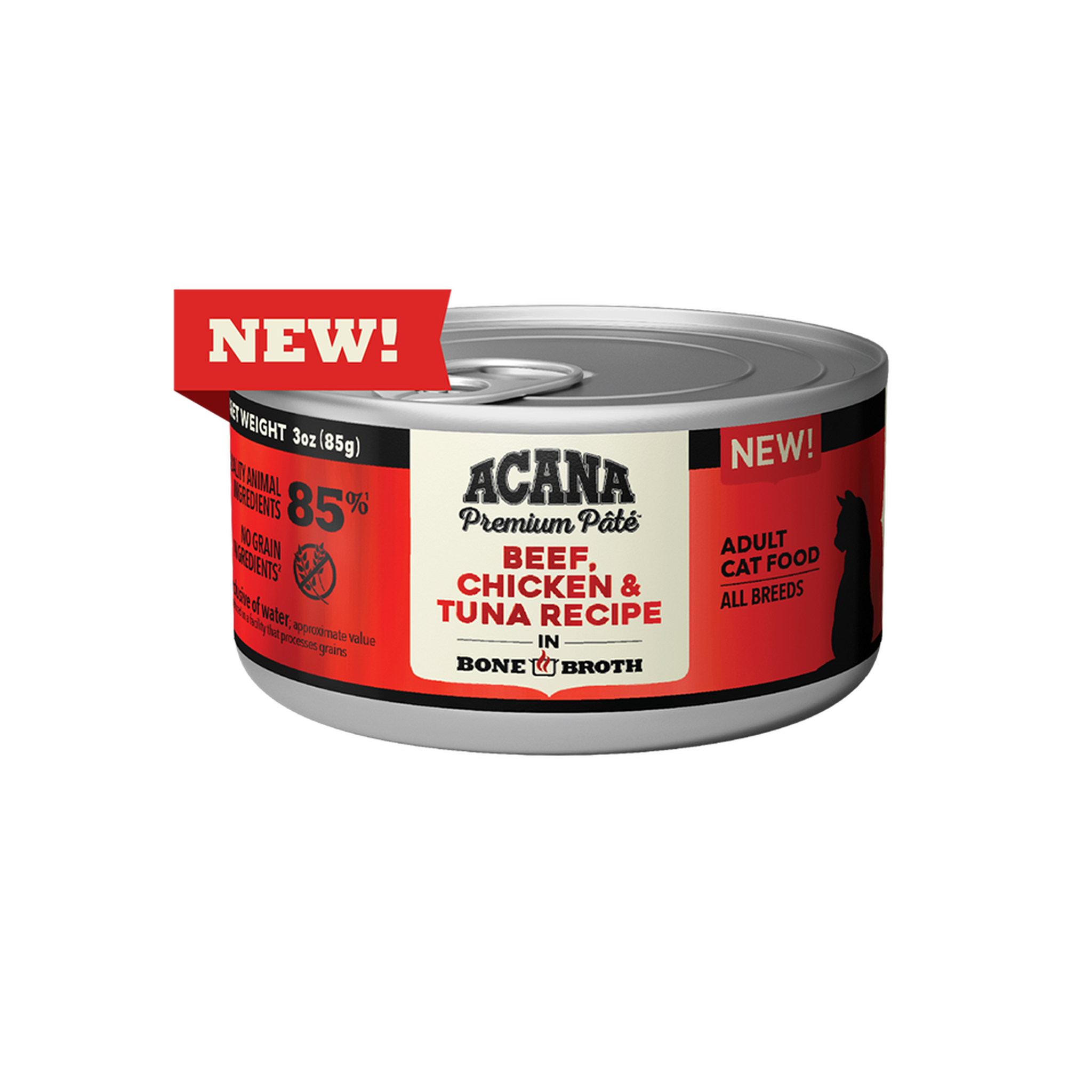 Front of the ACANA Premium Pâté Beef, Chicken & Tuna Recipe in Bone Broth 3 oz cat food can with a New banner and 85 percent animal ingredients callout