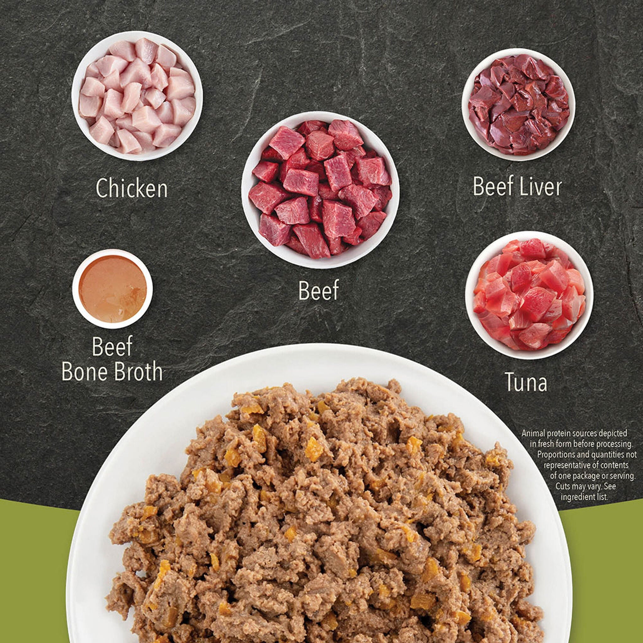 Raw beef, chicken, beef liver, tuna, and beef bone broth in bowls above a plate of ACANA Premium Pâté Beef, Chicken & Tuna cat food