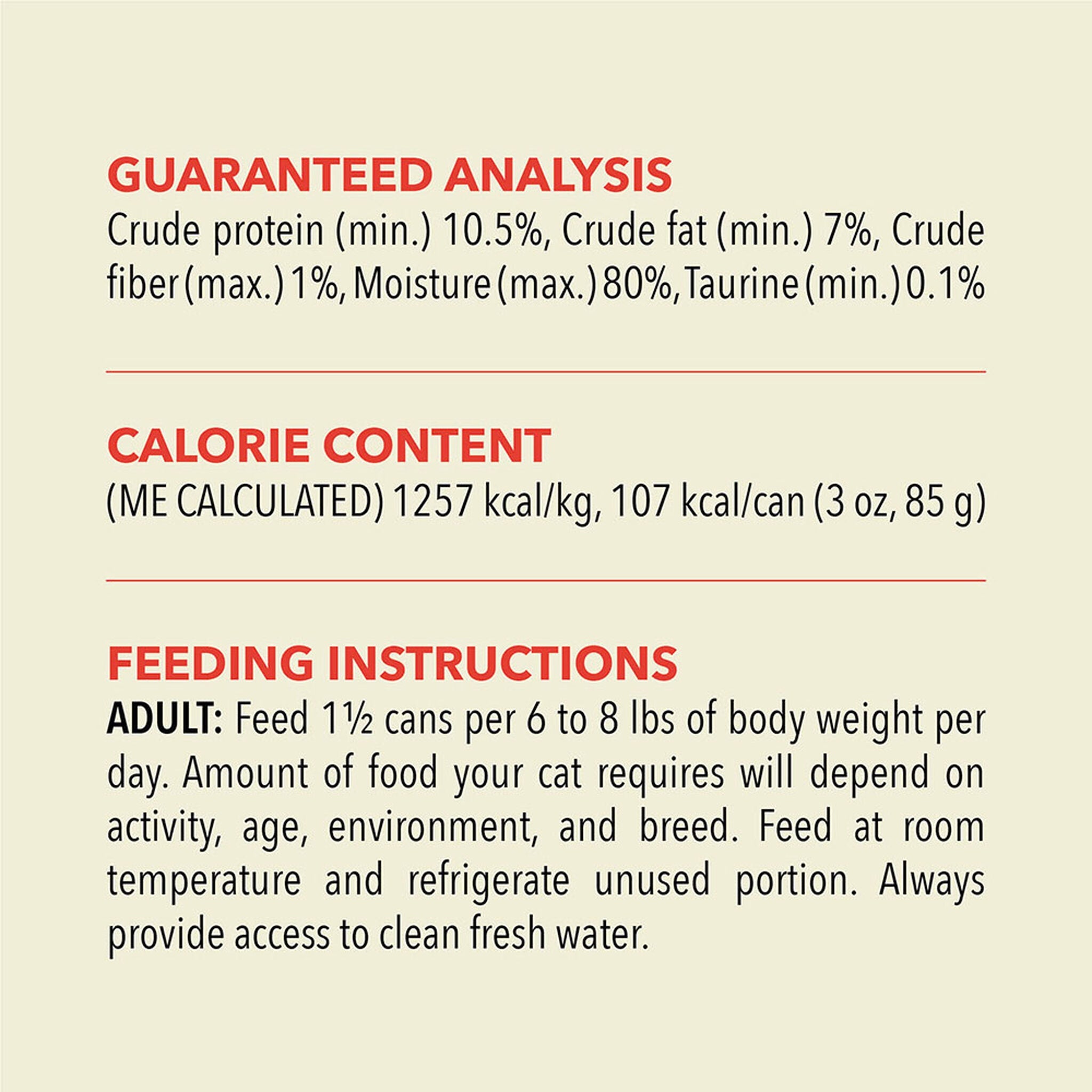 ACANA Premium Pâté Beef, Chicken & Tuna guaranteed analysis, calorie content of 107 kcal per 3 oz can, and adult cat feeding instructions