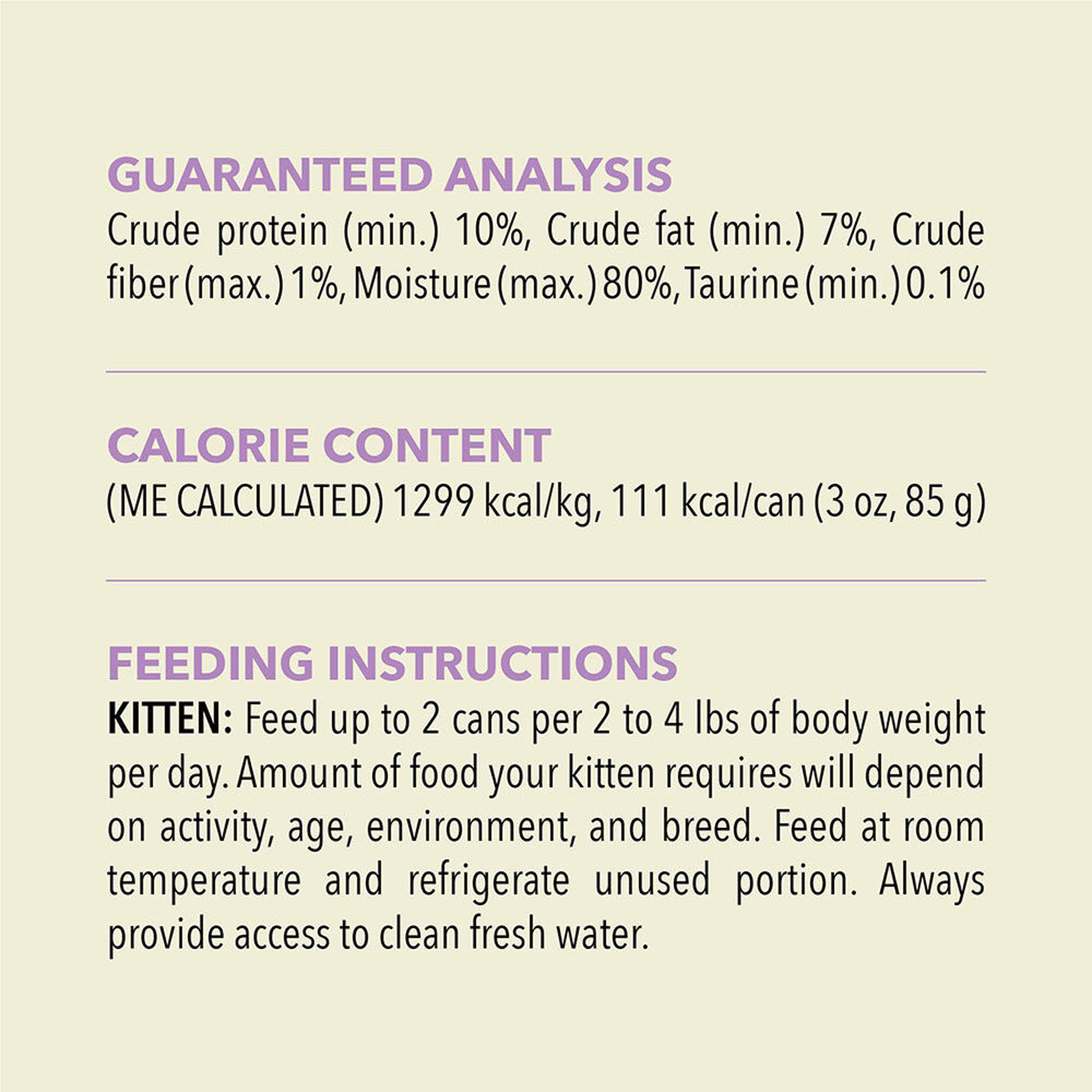 Guaranteed analysis, calorie content, and kitten feeding instructions for Acana Premium Pâté Chicken and Tuna Kitten Recipe in bone broth