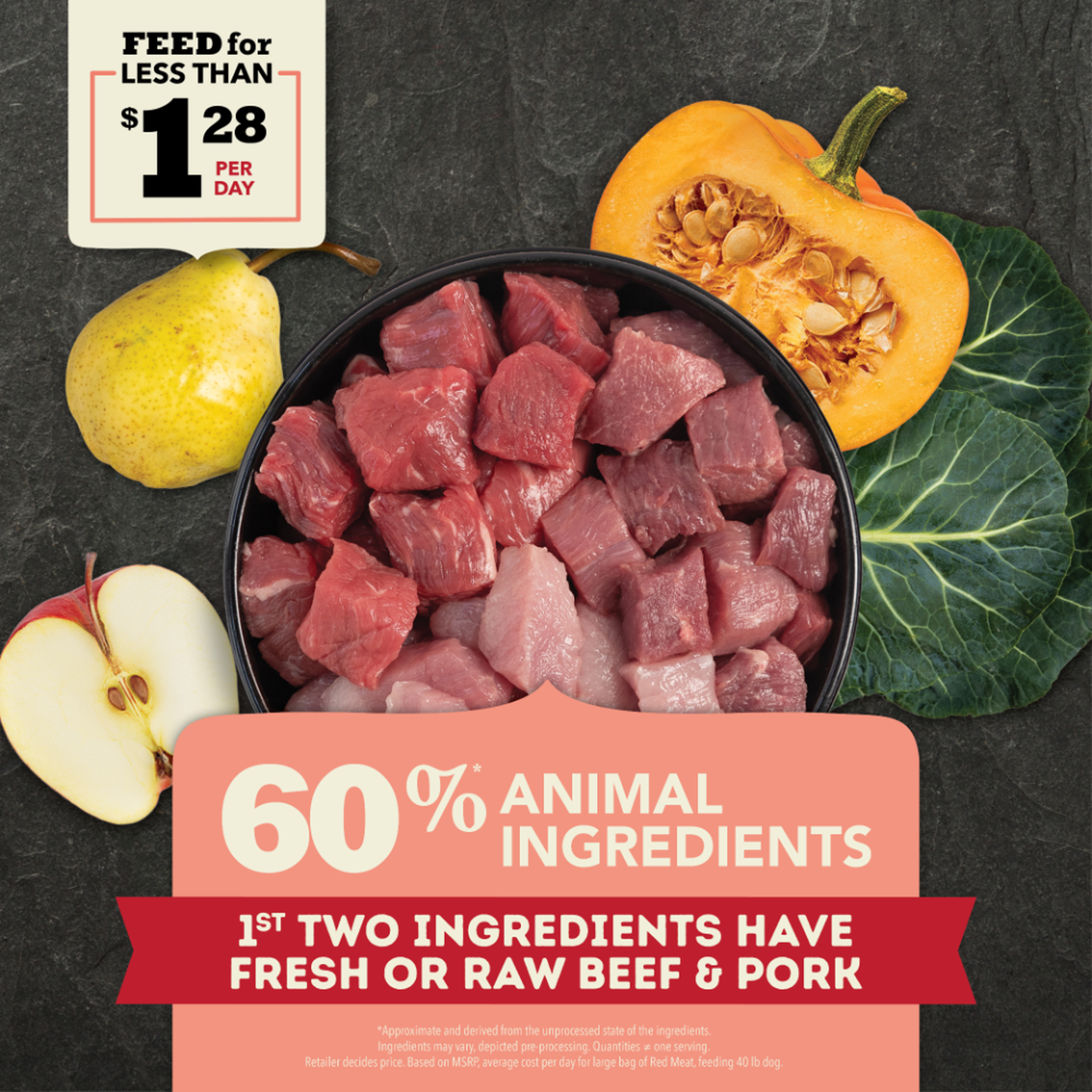 Bowl of fresh beef, pork and lamb with whole pumpkin, apples, pears and collard greens showing 60 percent animal ingredients