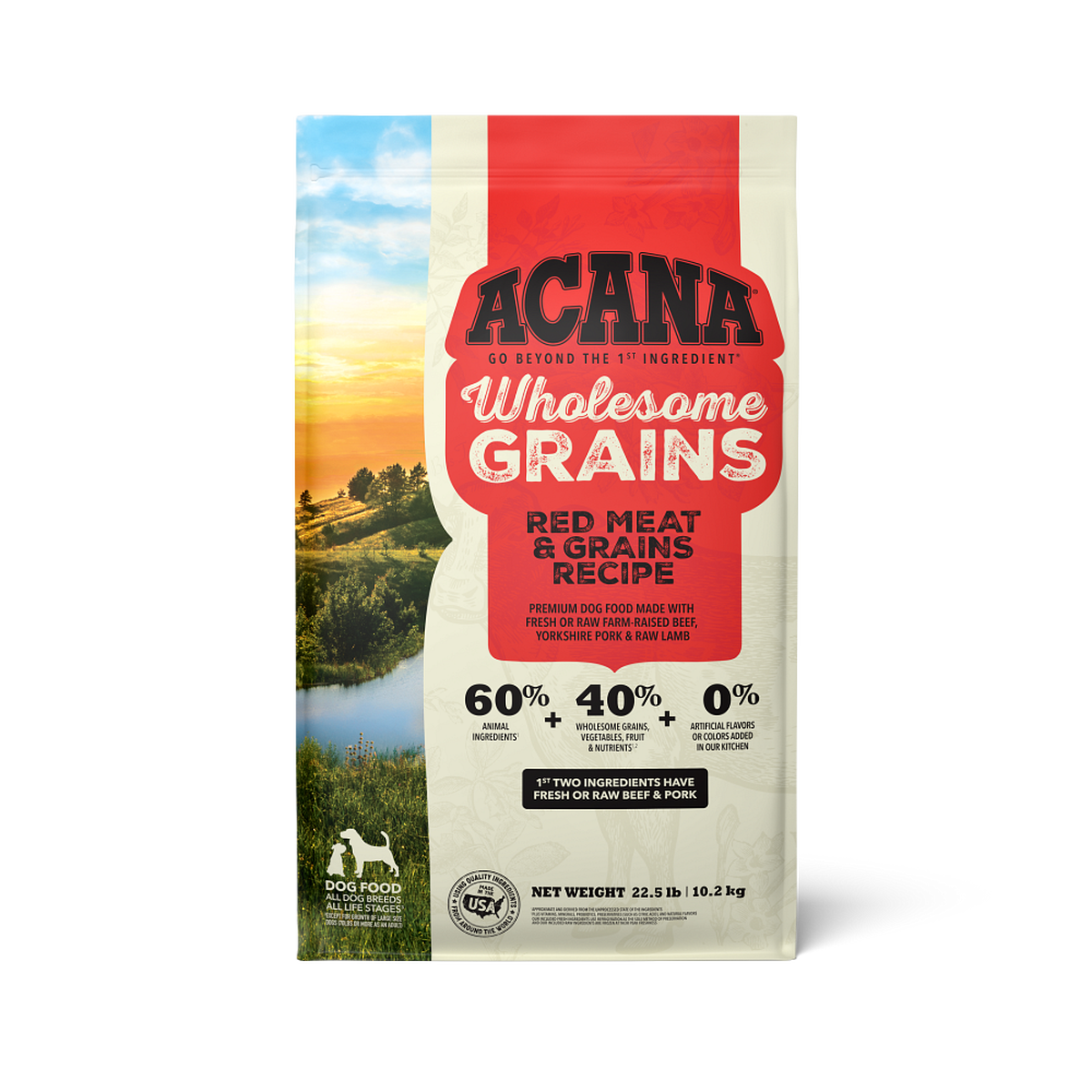 Acana Red Meat Recipe with Wholesome Grains dry dog food front of bag with farm-raised beef, pork and lamb