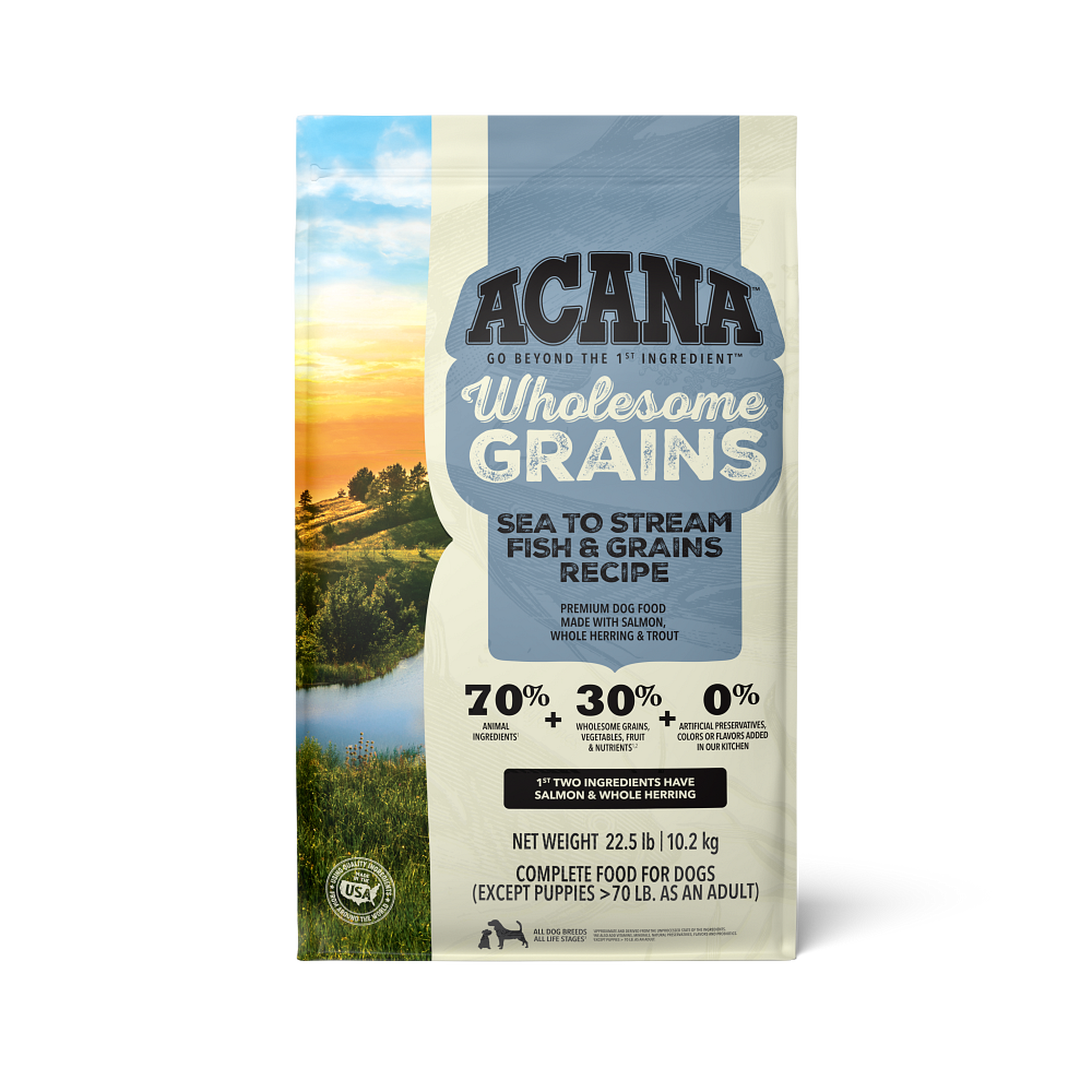 Acana Sea to Stream Fish and Grains Recipe dry dog food, front of the bag made with salmon, whole herring and trout with 70 percent animal ingredients and 30 percent wholesome grains