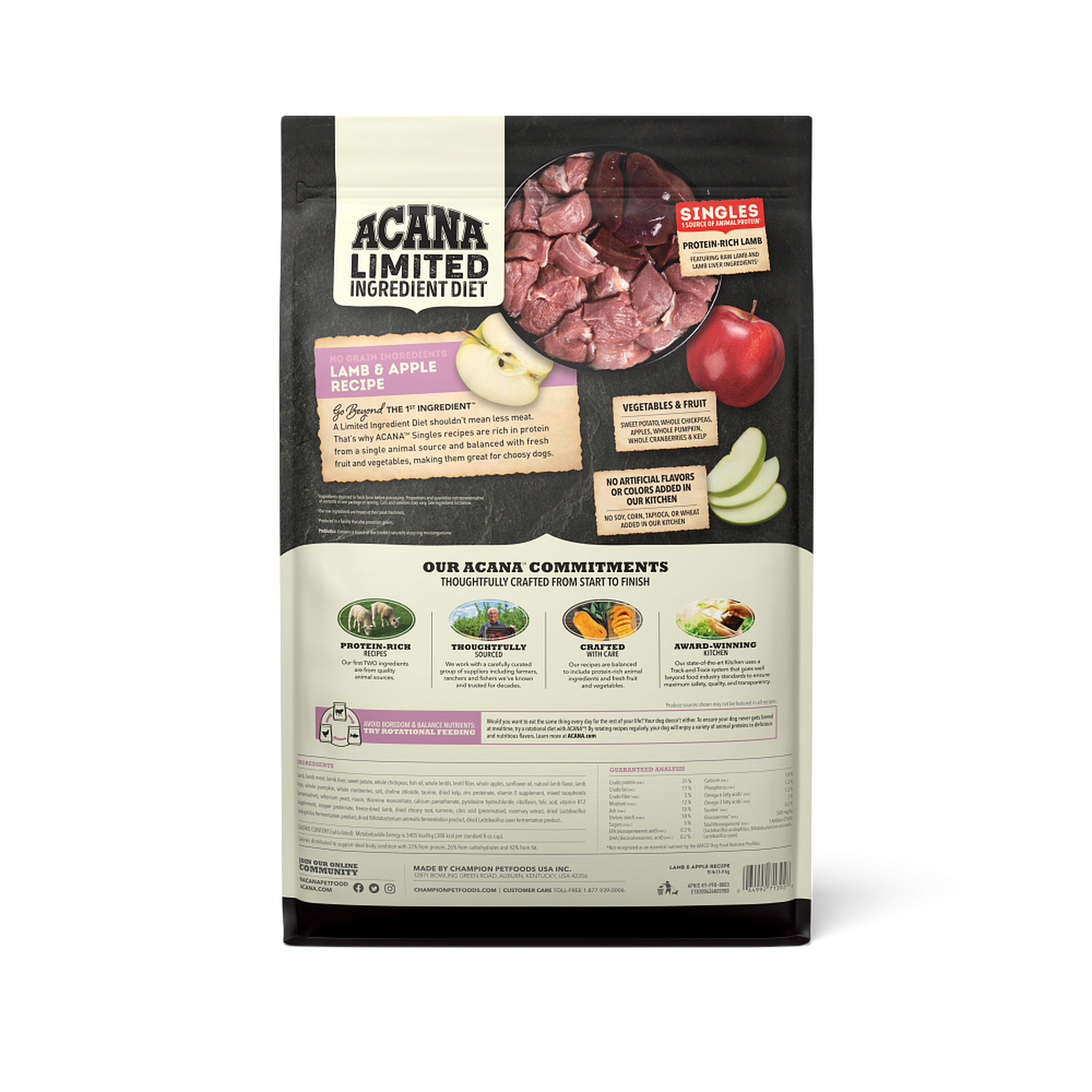 Acana Singles Lamb & Apple Recipe dry dog food back of bag with ingredients and guaranteed analysis