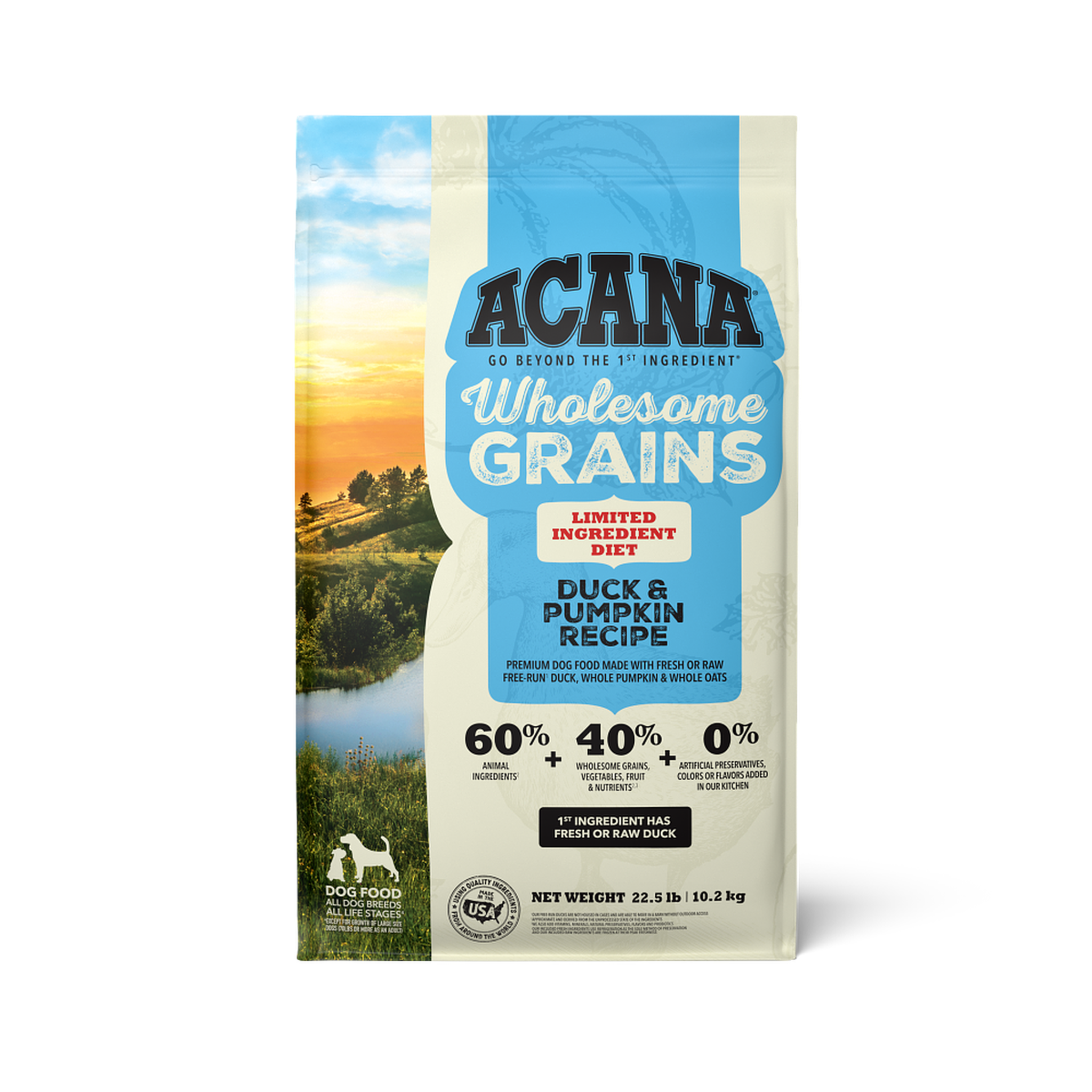 Acana Duck & Pumpkin Recipe with Wholesome Grains dry dog food front of bag