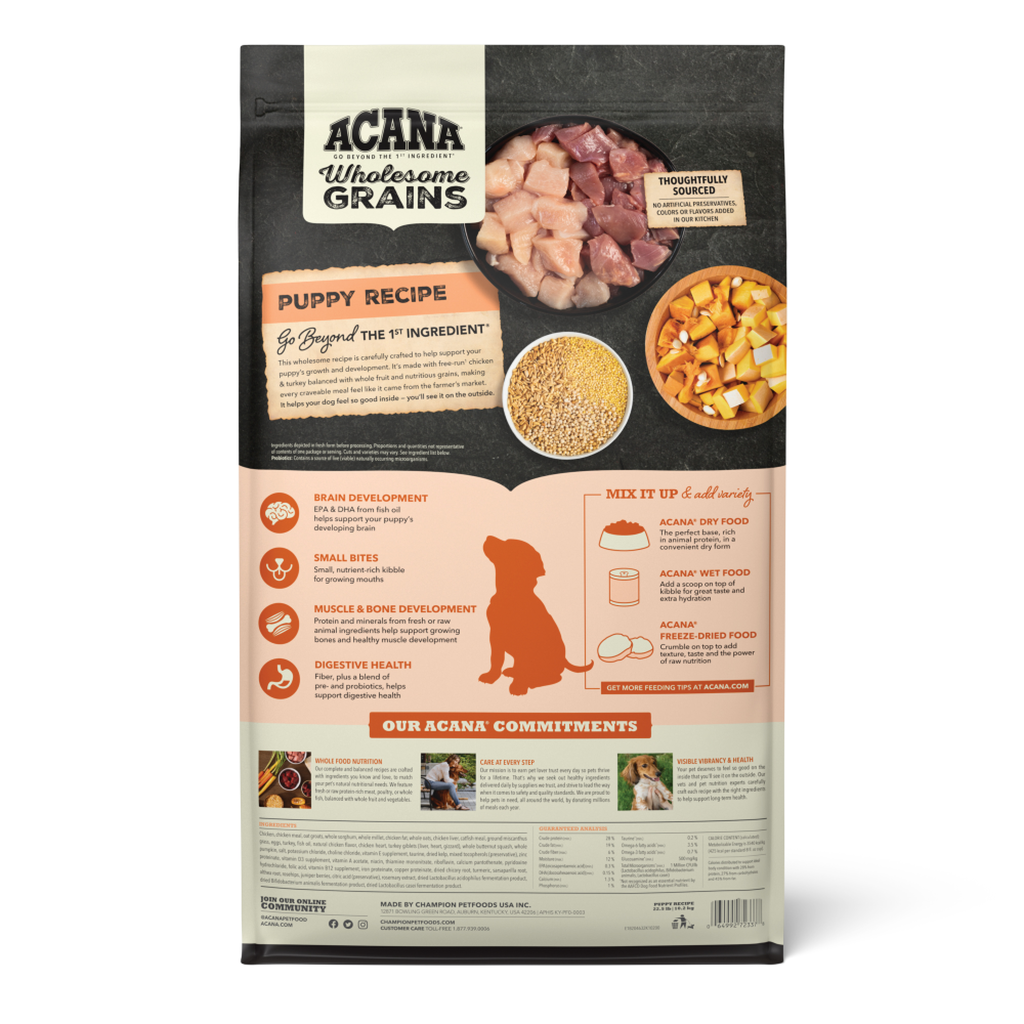Back of Acana Wholesome Grains Puppy Recipe bag showing ingredients, guaranteed analysis and feeding benefits