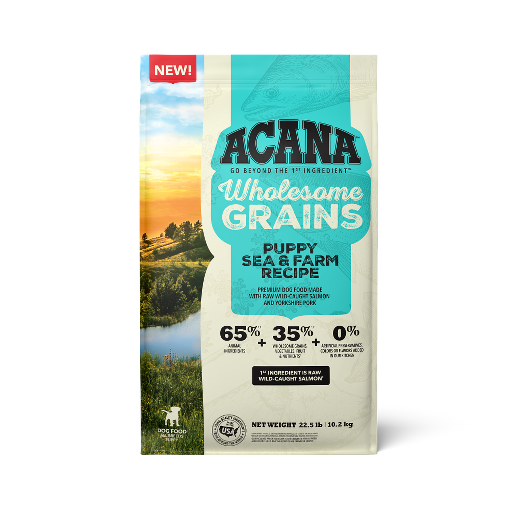 Acana Puppy Sea & Farm Recipe with Wholesome Grains front of 22.5 lb bag made with wild-caught salmon and Yorkshire pork