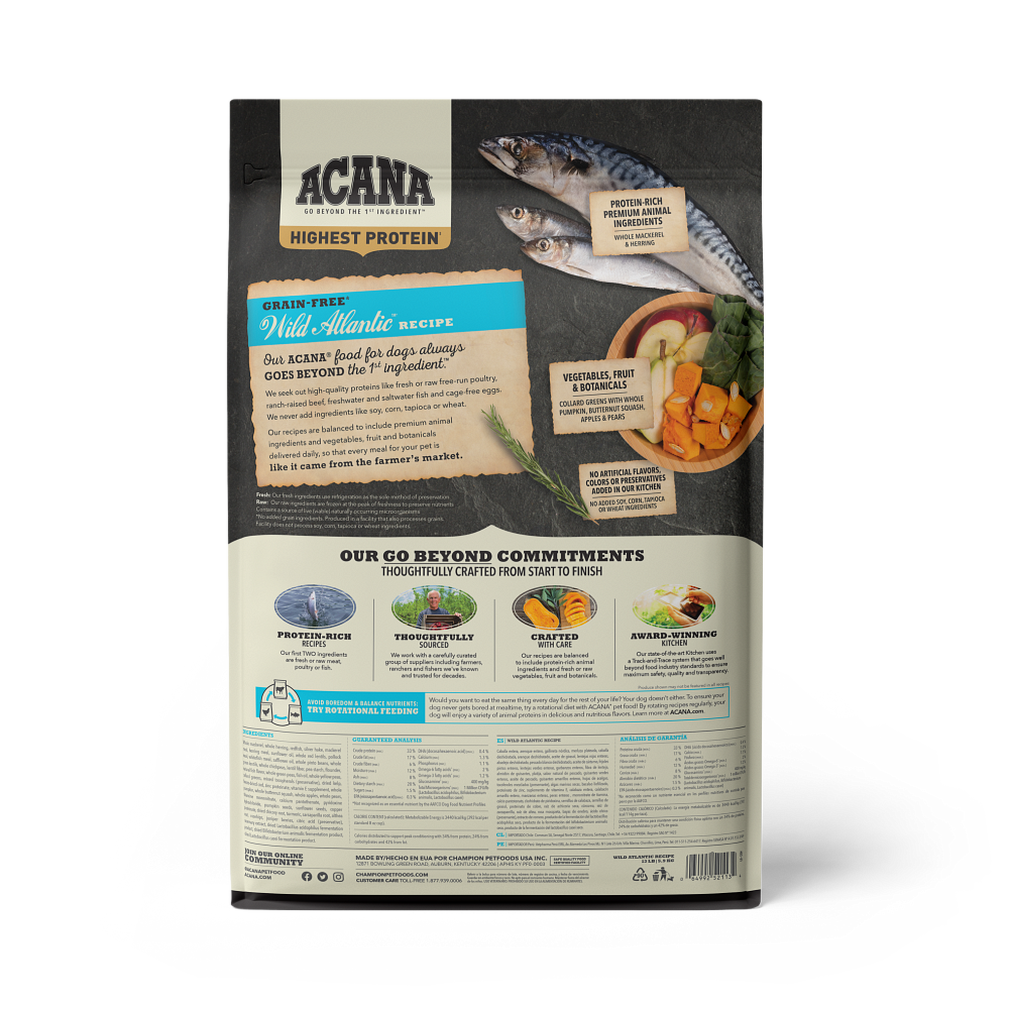 Back of the Acana Wild Atlantic Recipe dog food bag showing the grain-free formula, guaranteed analysis, ingredient list, and whole mackerel, herring, pumpkin, squash, apples and pears