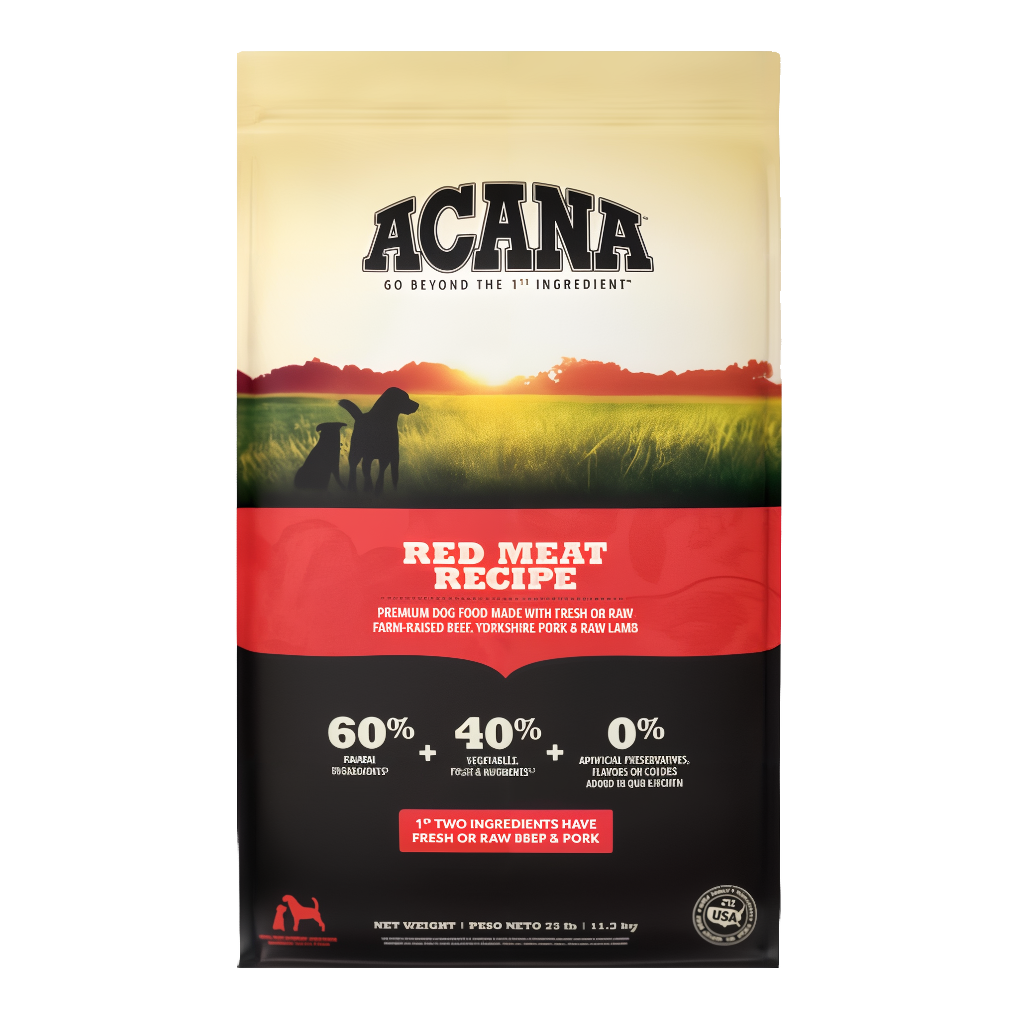 Acana Heritage Meats grain-free dry dog food, beef, pork, and lamb, 25 lb bag.
