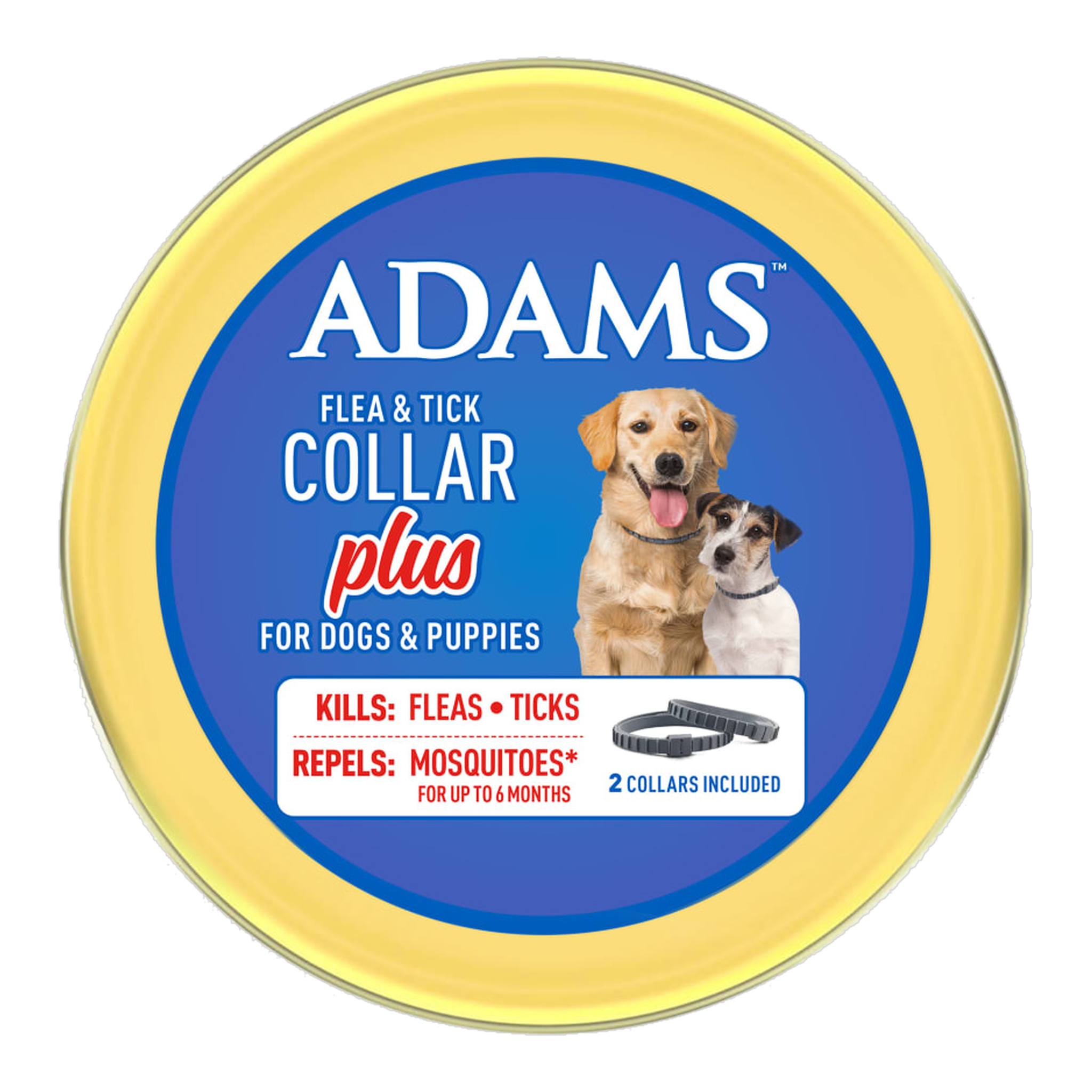 Two Adams Flea and Tick Collar Plus dog collars beside the storage tin