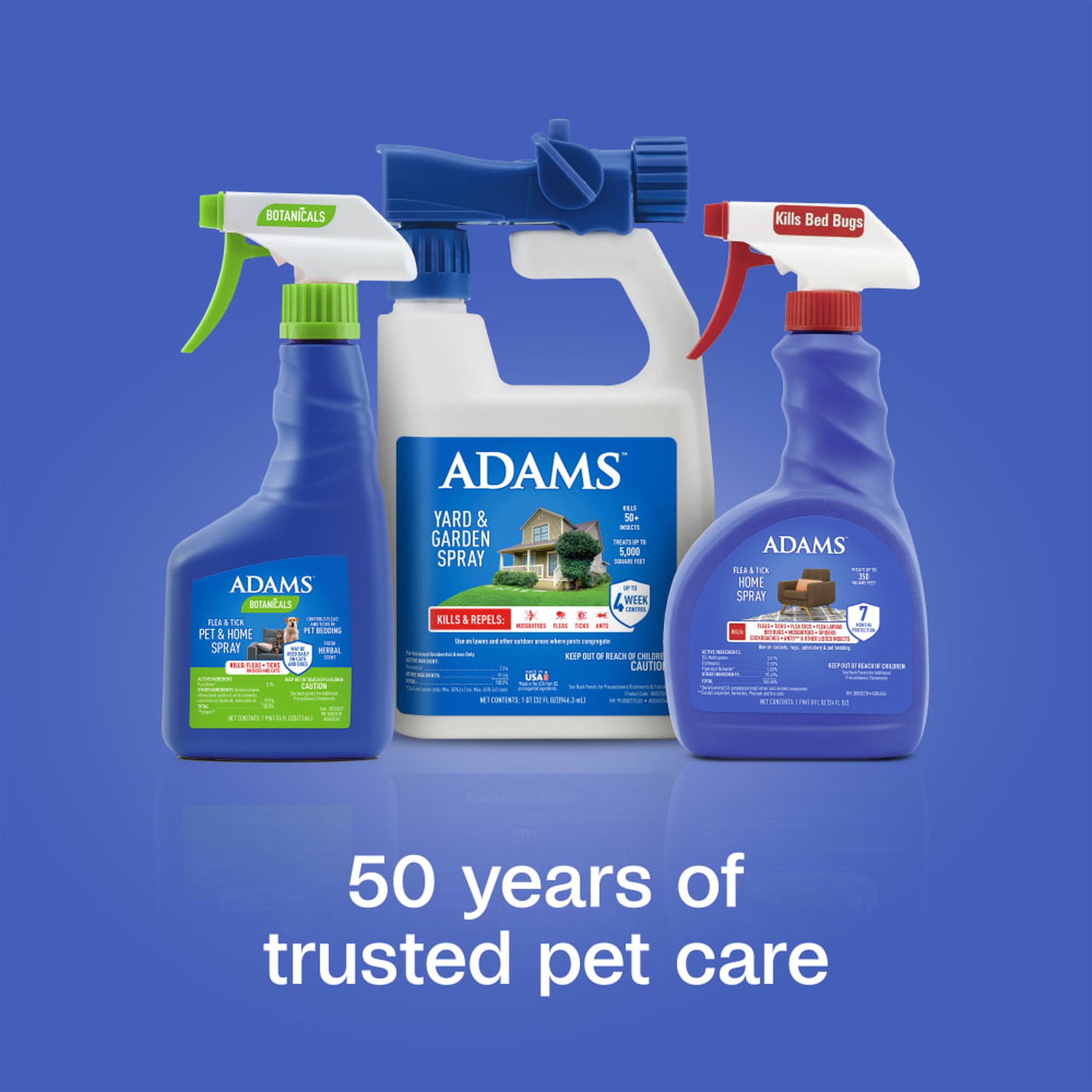 Adams flea and tick product family for pet, home and yard