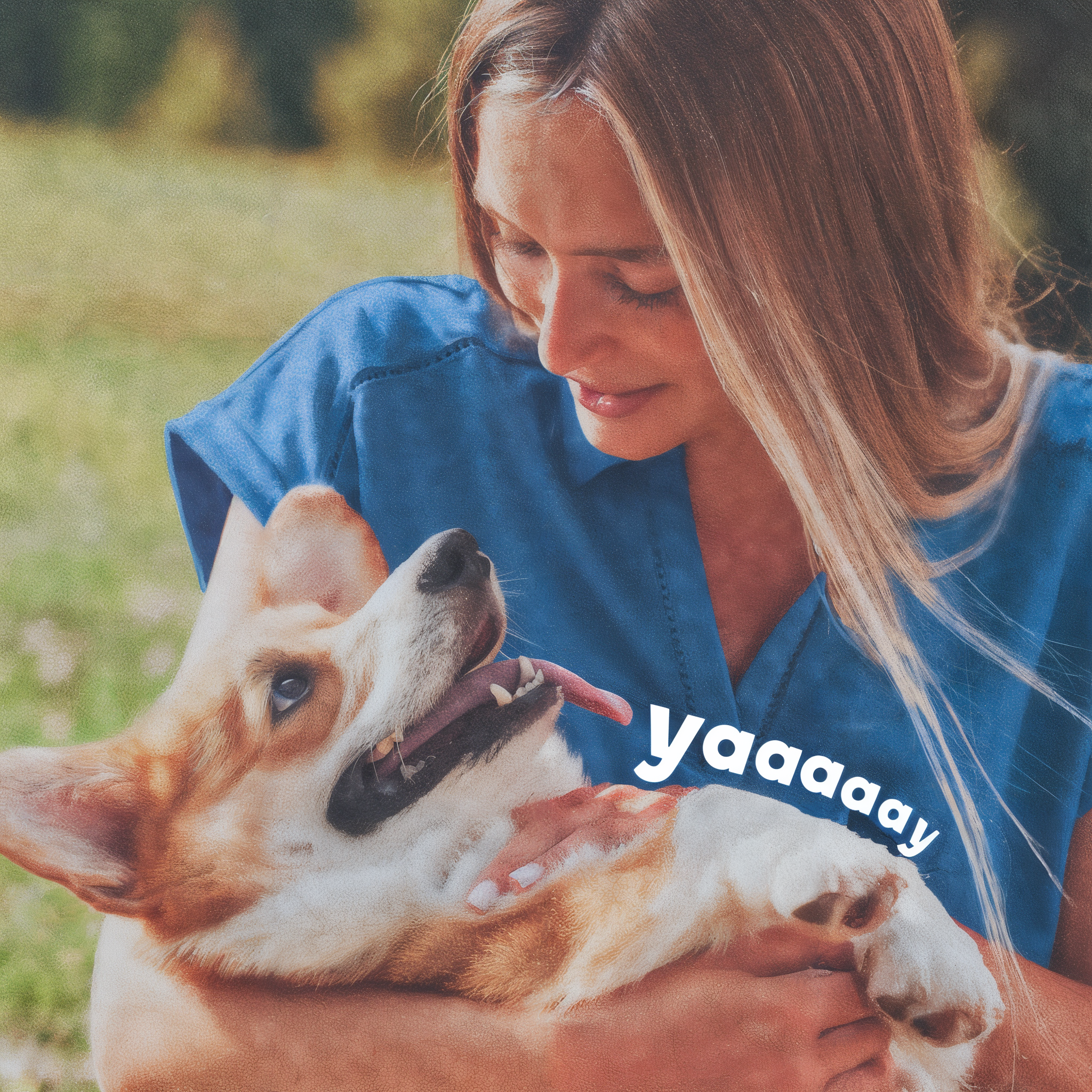 Woman playing with her corgi outdoors