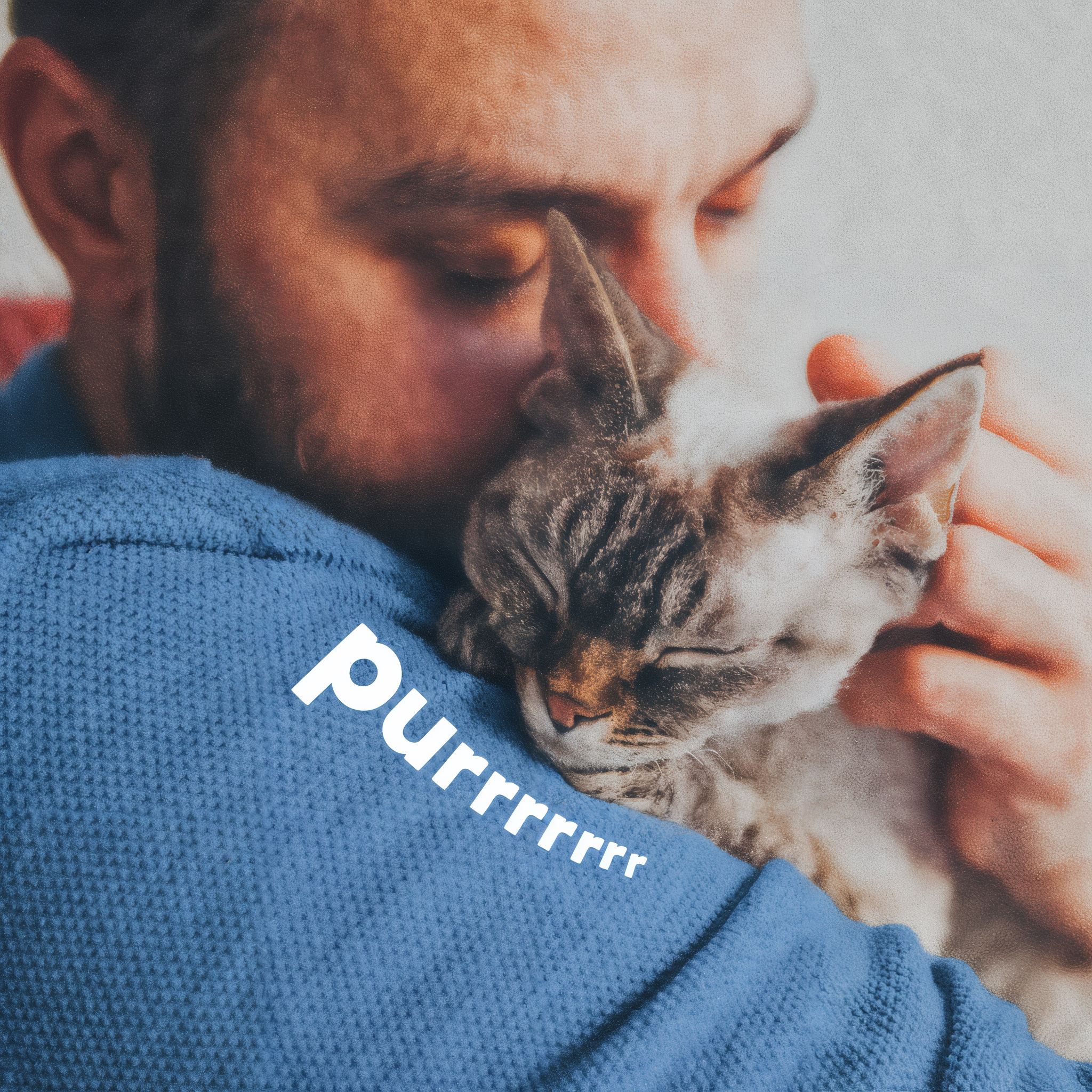Man holding a small white cat on his shoulder