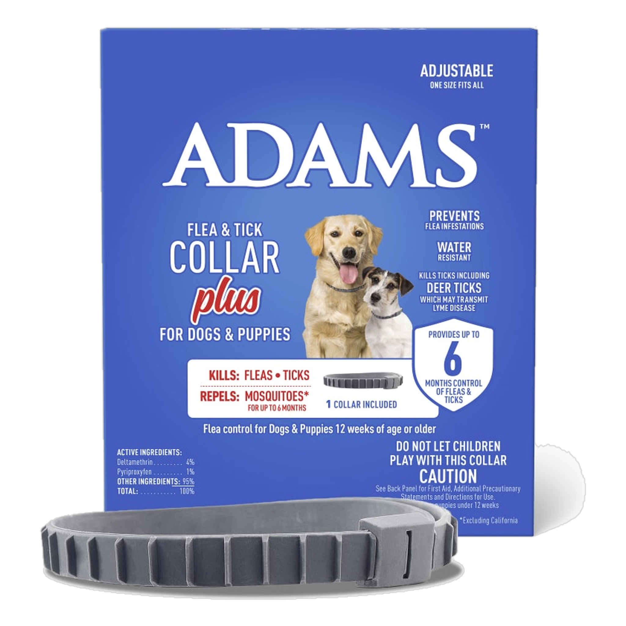 Adams Plus flea and tick collar for dogs and puppies box with gray adjustable collar