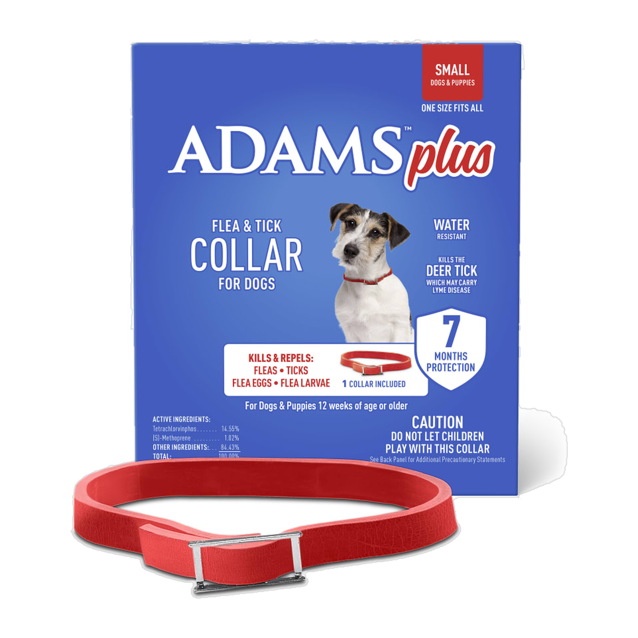 Adams Plus Flea & Tick Collar for Dogs Small box with red collar, dogs 5-14 lbs