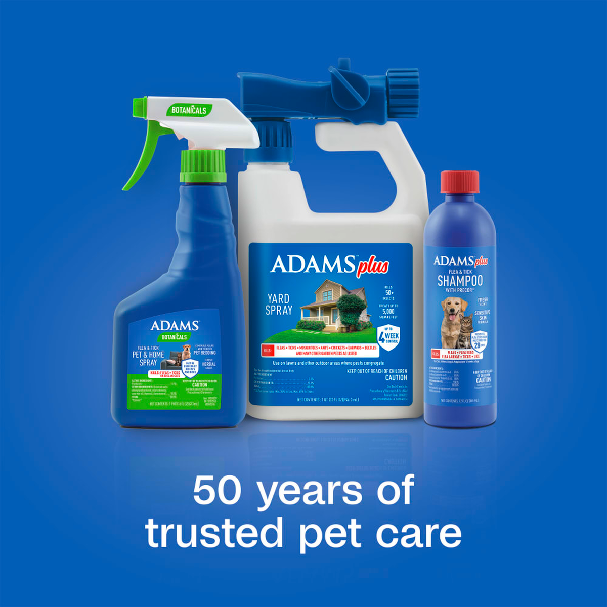 Adams flea and tick product family for pet, home and yard