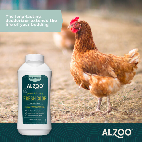 Alzoo Fresh Coop Deodorizer extends the life of coop bedding