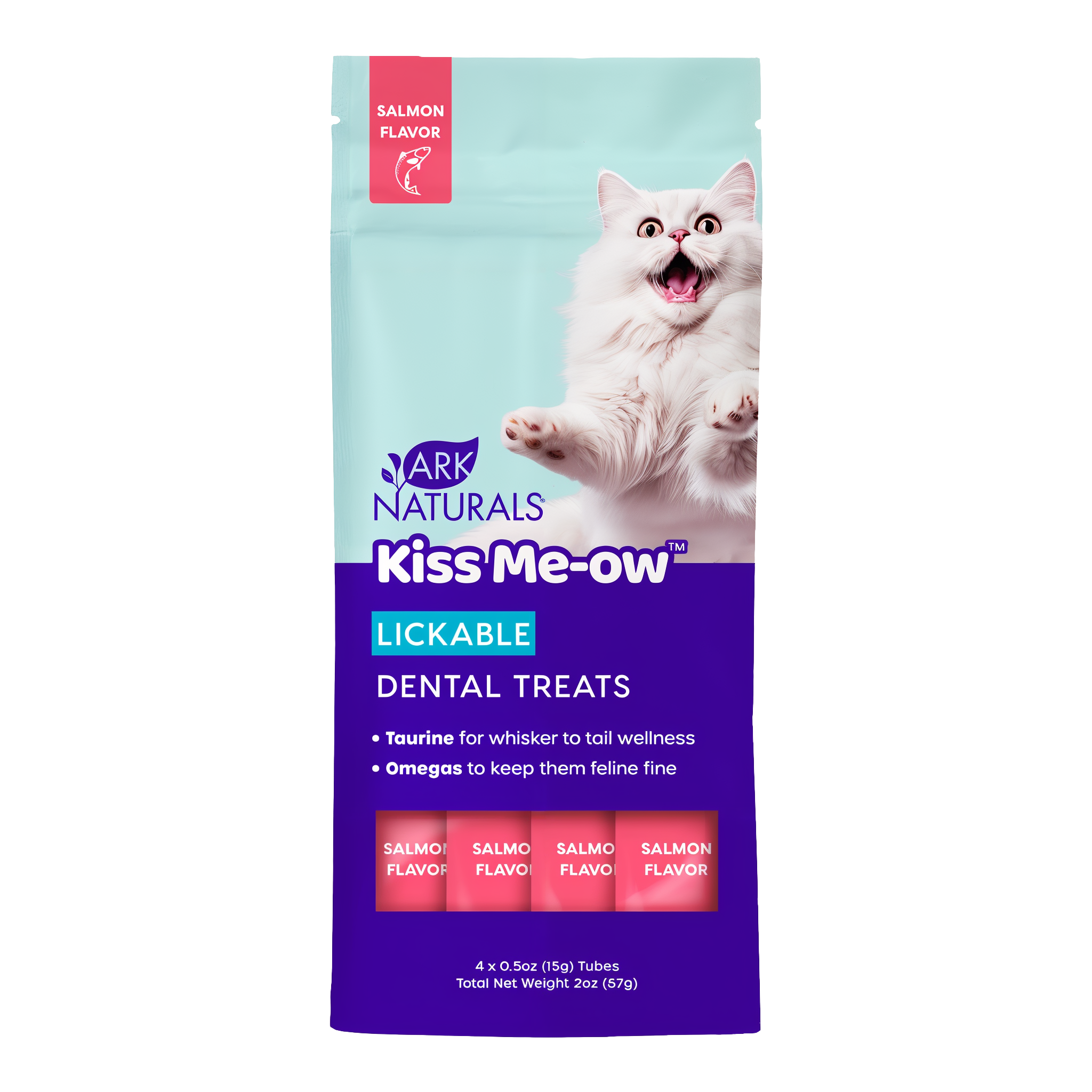 Ark Naturals Kiss Me-Ow Lickable cat dental treats salmon flavor 2 oz pouch front