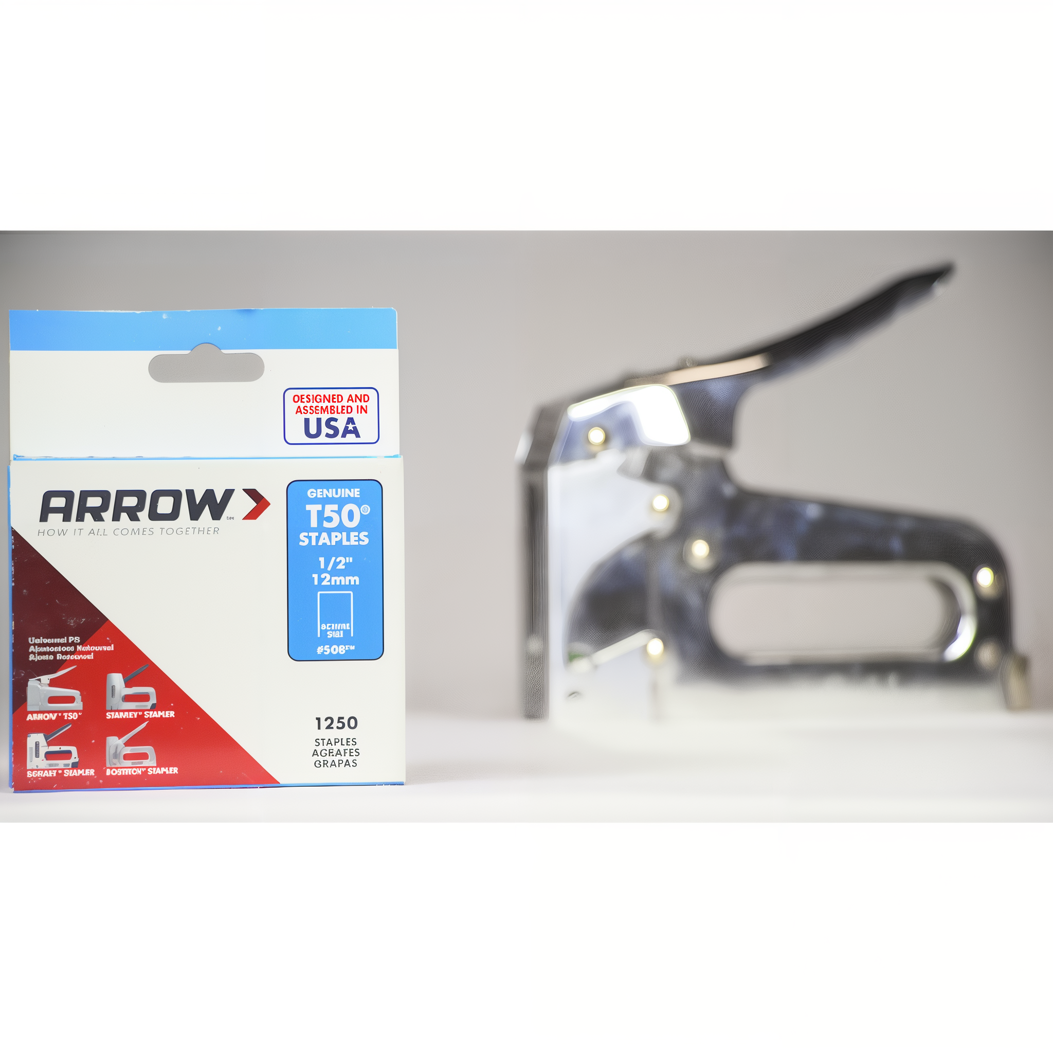 Arrow T50 Heavy Duty Staples shown with a T50 staple gun on a workbench