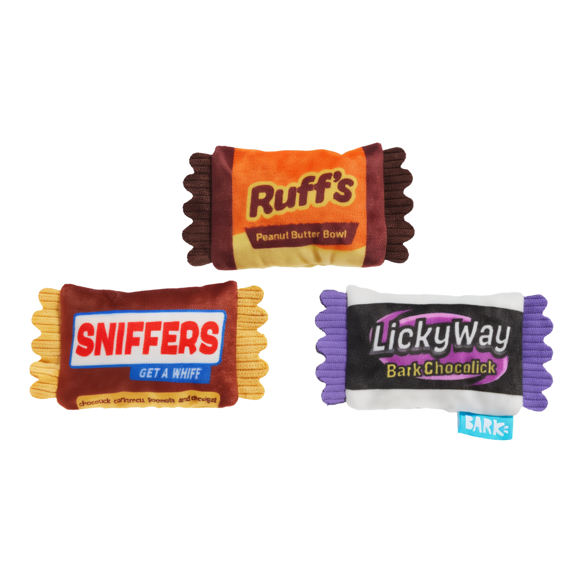 BARK Howl-O-Ween Candy three plush squeaky candy bar dog toys Ruffs Sniffers and LickyWay