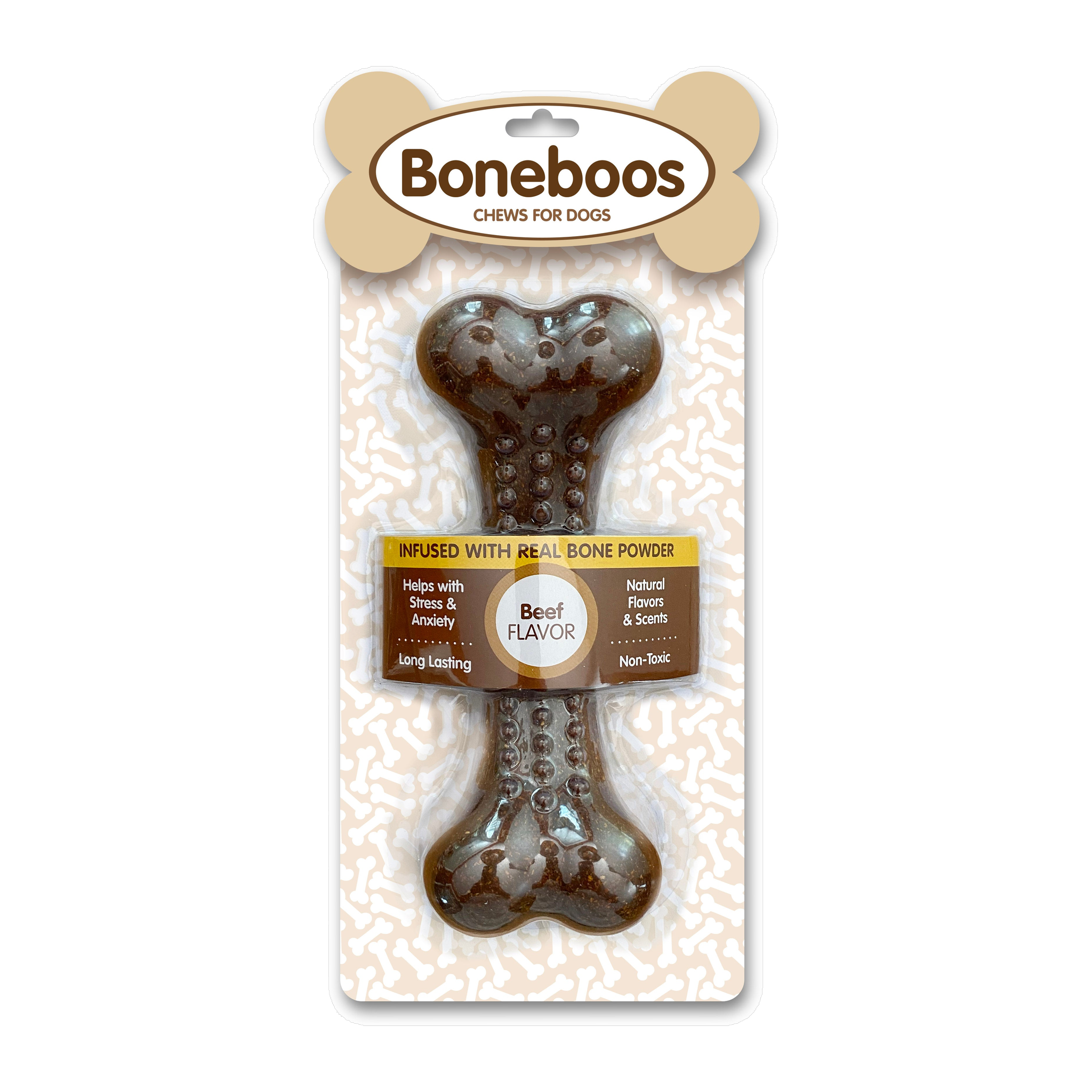 Barkbuddiez Boneboos beef flavor dog chew toy in package, front