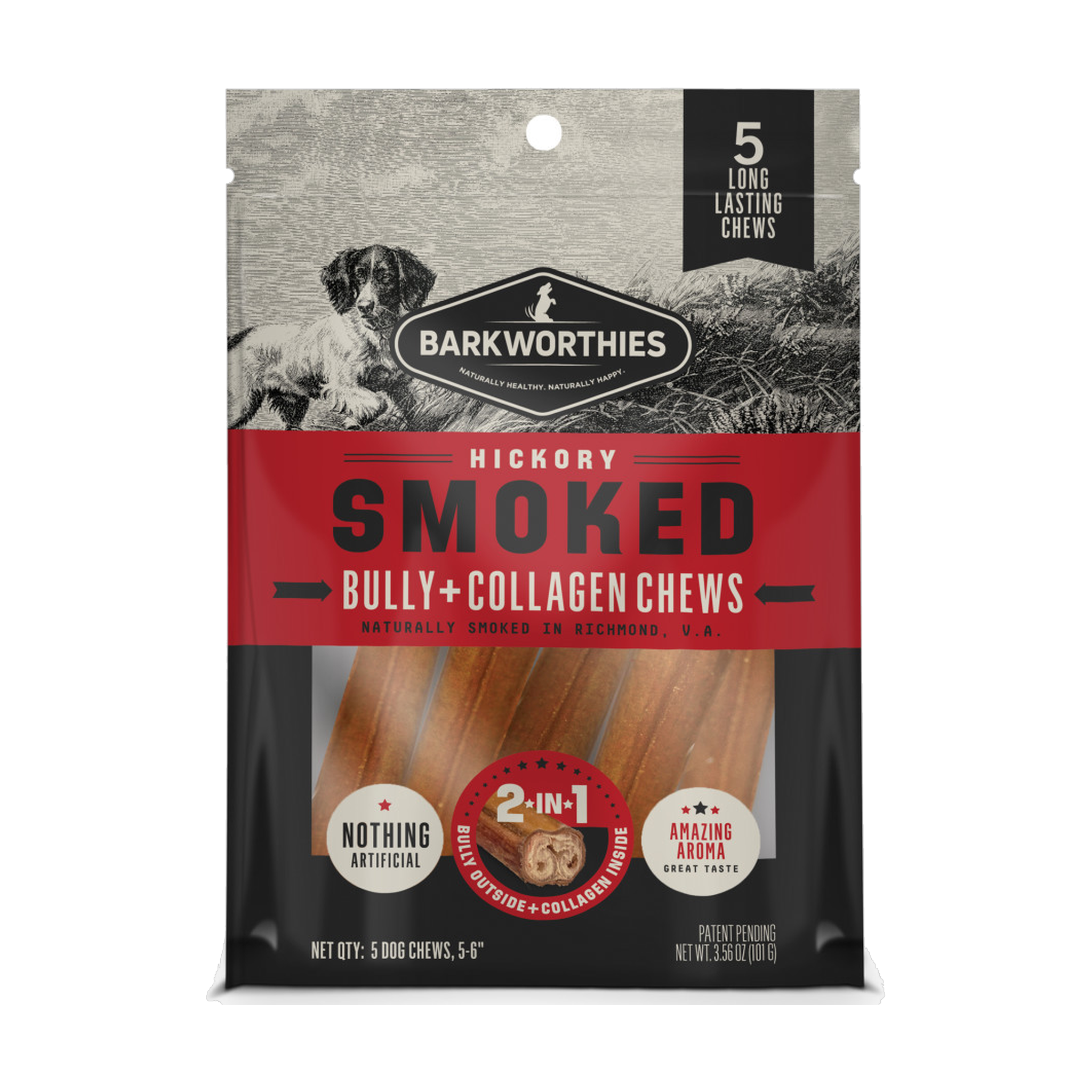 Barkworthies Hickory Smoked Bully + Collagen Chews 5 count bag front